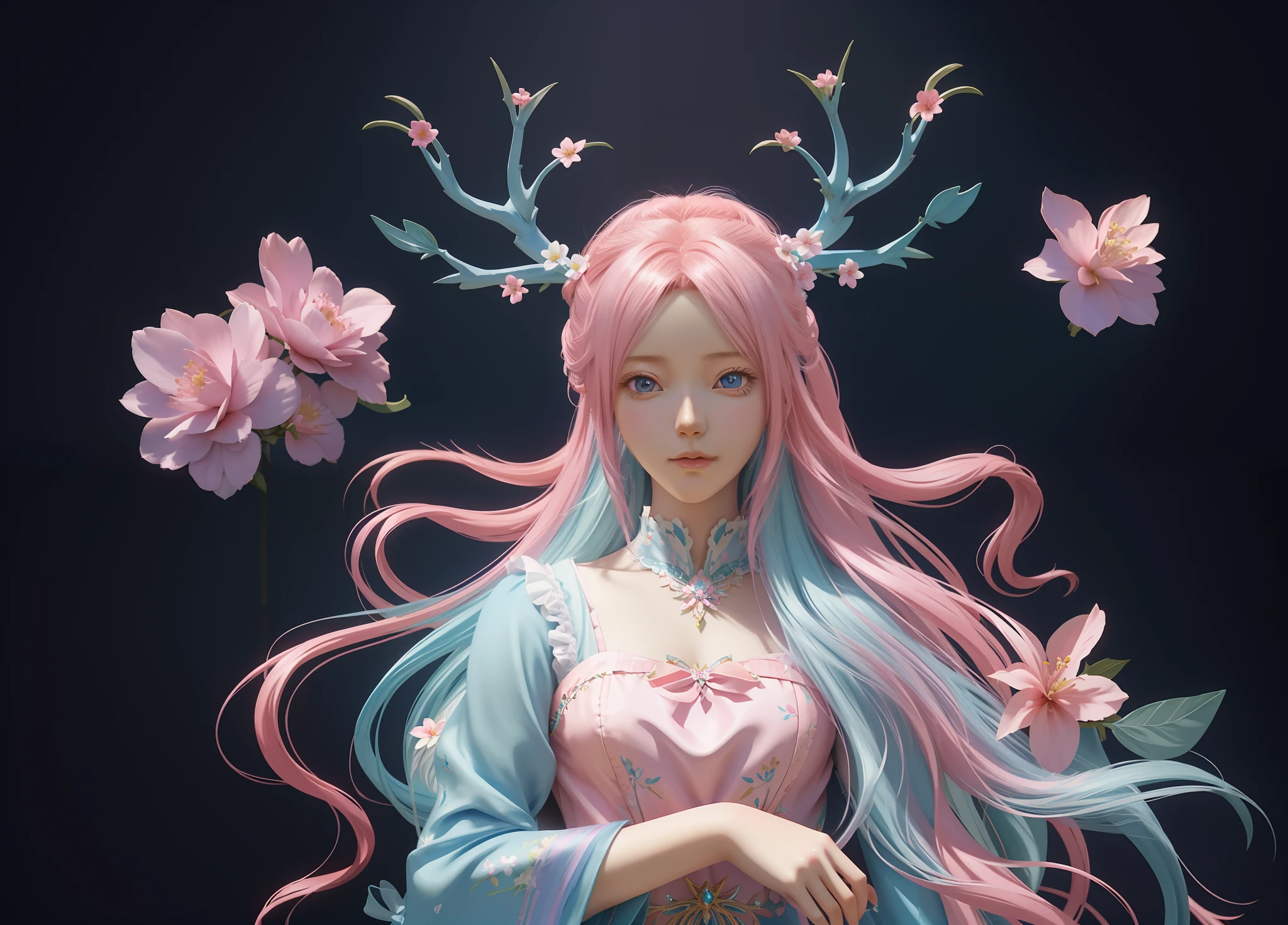Anime girl with pink long hair and blue dress with flowers, Fantasy art style, trending on cgstation, 8K high quality detailed art, 3 D rendering character art 8 K, digital fantasy art ), Guviz-style artwork, 2. 5 D CGI anime fantasy artwork, Beautiful character painting, hyper-detailed fantasy character, anime styled 3d