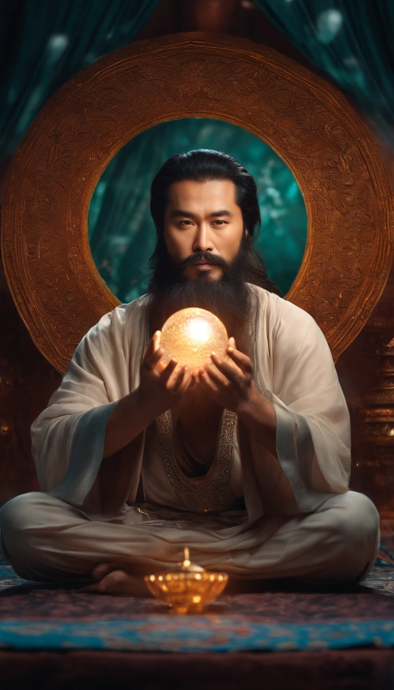 35-year-old middle-aged Asian man,Long hair,Long beard,Close-up of holding a crystal ball in his hand,staring right into camera,Meditate cross-legged, at centre,Clear facial features,Very bright colors, Light particles, with light glowing, Mshiv, wallpaper art, UHD wallpaper