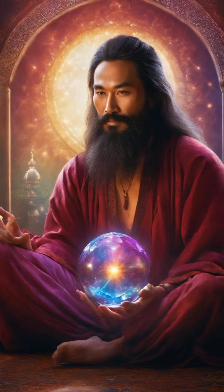 35-year-old middle-aged Asian man,Long hair,Long beard,Close-up of holding a crystal ball in his hand,staring right into camera,Meditate cross-legged, at centre,Clear facial features,Very bright colors, Light particles, with light glowing, Mshiv, wallpaper art, UHD wallpaper