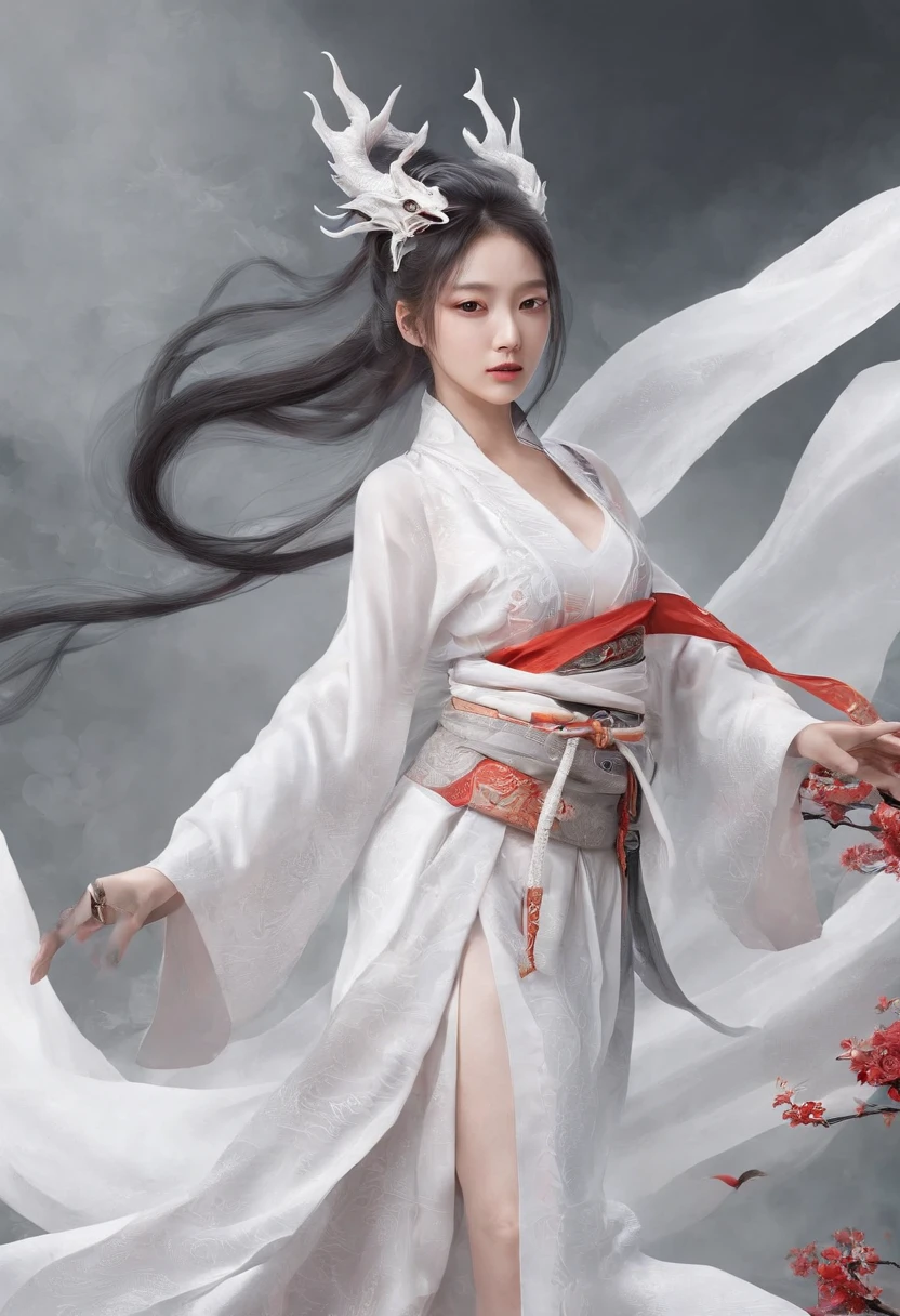 Elania Haywind,动态照明,art stations,poster for,Volumetriclighting,Very detailed faces,4k wallpapers,Award-Awarded,1 girl with white hair,He has a delicate and beautiful face,long hair flowing,horse tailed,Fringed Hair Ornament,Dynamic perspective,White Hanfu,White gauze flying,red waistband,Sexy,Tradition Chinese Ink Painting,Surrounded by clouds,fog atmosphere,Ride a white dragon,Stroke the faucet,White dragon horn,dynamic viewing angle,电影灯光,