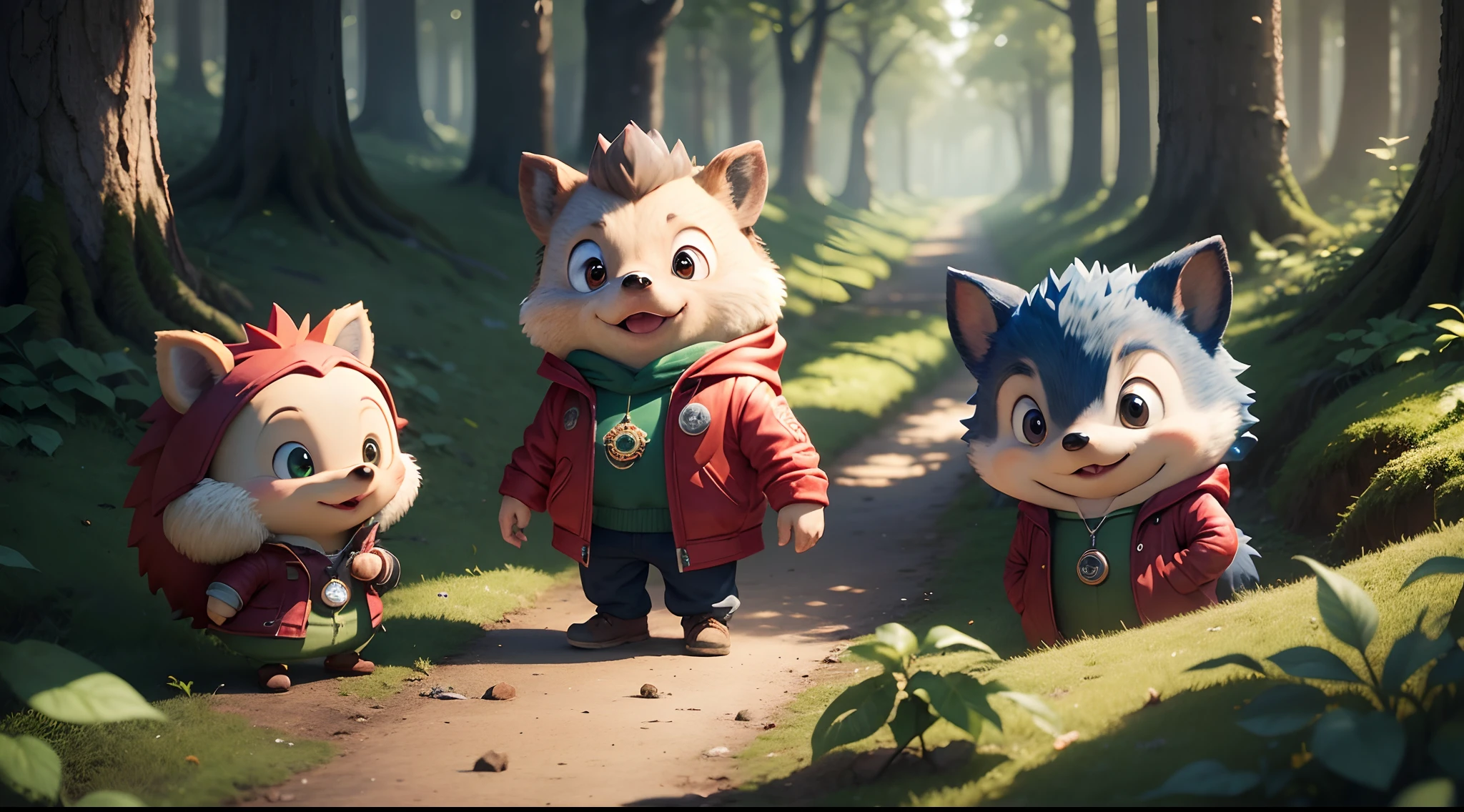 There's a cartoon hedgehog with a red jacket hanging from branches in the woods, hedgehog_character, painting digital adorable, arte digital detalhada bonito, arte infantil em artstation, cute anthropomorphic hedgehog, wojtek fus, criatura da floresta bonito, um retrato de Judy Hopps, arte digital bonito, render 3D bonito, anthropomorphic hedgehog, vencedor do concurso de design de personagem.
