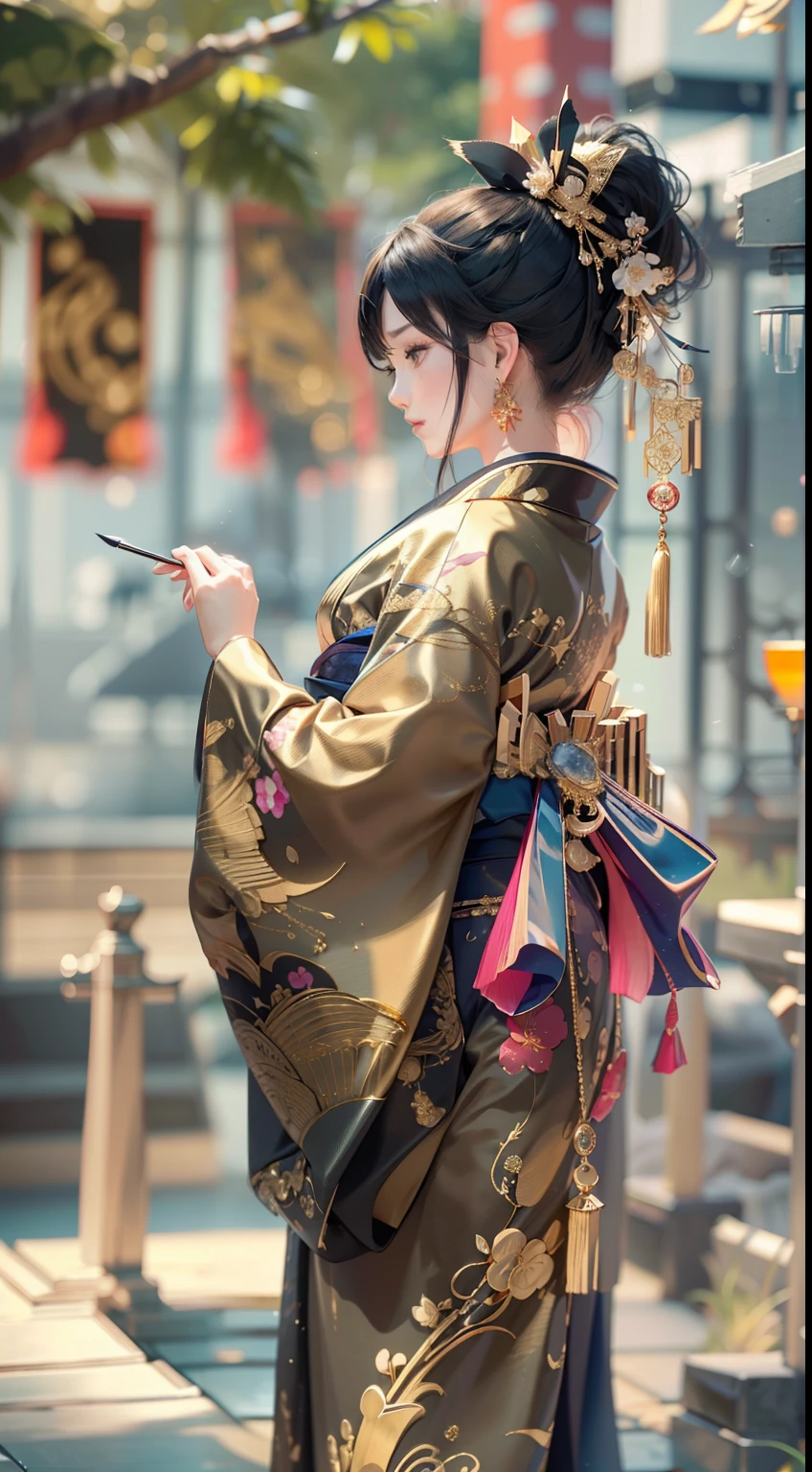 profile,Facing the viewer，watching at viewers,Gounio on dark background(kyoto、starryskybackground,Dense background),Perfect hand、Woman with shiny black hair,((3D with 3D effects)),Break the ponytail、exquisite costumes{Luxury kimono(Colorful kimono(Delicate gold embroidery,))}、face perfect,Depicting a beautiful and elegant Japanese woman。heart in the eyes。 Wallpaper 8k, .Blur the background with a sickle,((masutepiece)), ((Best quality)),{{Photorealistic}}