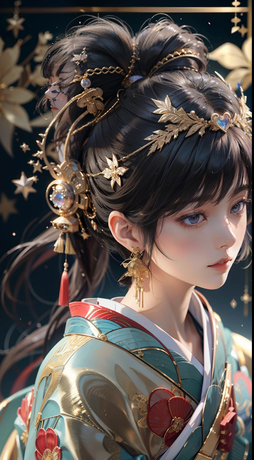 profile,Facing the viewer，watching at viewers,Gounio on dark background(kyoto、starryskybackground,Dense background),Perfect hand、Woman with shiny black hair,((3D with 3D effects)),Break the ponytail、exquisite costumes{Luxury kimono(Colorful kimono(Delicate gold embroidery,))}、face perfect,Depicting a beautiful and elegant Japanese woman。heart in the eyes。 Wallpaper 8k, .Blur the background with a sickle,((masutepiece)), ((Best quality)),{{Photorealistic}}