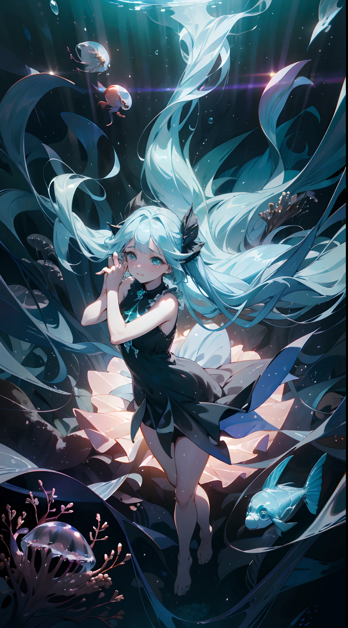 Masterpiece, best quality, high quality, Angle from above, High angle, looking up:1.2, 1girl, floating girl, curled up position, swims at the deep sea, (((deep sea))), (((underwater))), (((full body))), flowing hair, floating hair, blue green hair, super long hair, super long twin tails, close eyes, long eyelashes, (((sad, tearful, crying))), fantasy color, color light and shadow rendering, moist lips, (((black short dress, sleeveless dress))), barefoot, dazzling background, light pillars, rays, rich colors, dreamy, stardust, noble, elegant, ((creative, extremely high-quality pictures, pure)))), ((aurora, giant crystal, magic ray, rich colors, Tyndall effect))), dazzling, dreamy, dynamic, super detail, 8k, magnificent, epic composition, intricate details, Unreal Engine, Full Body Image, bubble, fish, jellyfish, beam of light, mystical, fantastical, Undersea, [Full Body Portrait] Atmosphere, Correct Proportions, Delicate Beauty (Extreme Detail, Delicate Facial Features Portrayal, Delicate Hair Depiction, Delicate Eye Depiction), (extremely delicate CG) seabed, bubbles, Volumetric Lighting, Best Shadows, Shallow Depth of Field, Portrait Of Stunningly Beautiful Girl, Delicate Beautiful Attractive Face With Alluring Eyes, fine detailed eyes, highly detailed fine art, (finely detailed beautiful eyes and detailed face), delicate depiction of facial features, (Highest Quality, Amazing Details:1.25), (Solo:1.3), Brilliant Colorful Paintings, (Aesthetic), (Beautiful), (professional angle), (Feminine), (Woman), (Female), (Beautiful), (Feminine features), (16-years old), Solo, 1 woman, Dramatic light, Beautiful hands, Two hands, normal hands, Two arms, complete hands, Beautiful body, Beautiful fingers, normal fingers, Five Fingers, (Thumb index finger ring finger), Beautiful ears, normal ears, Beautiful eyes, shiny eyes, Beautiful mouth, Beautiful lips