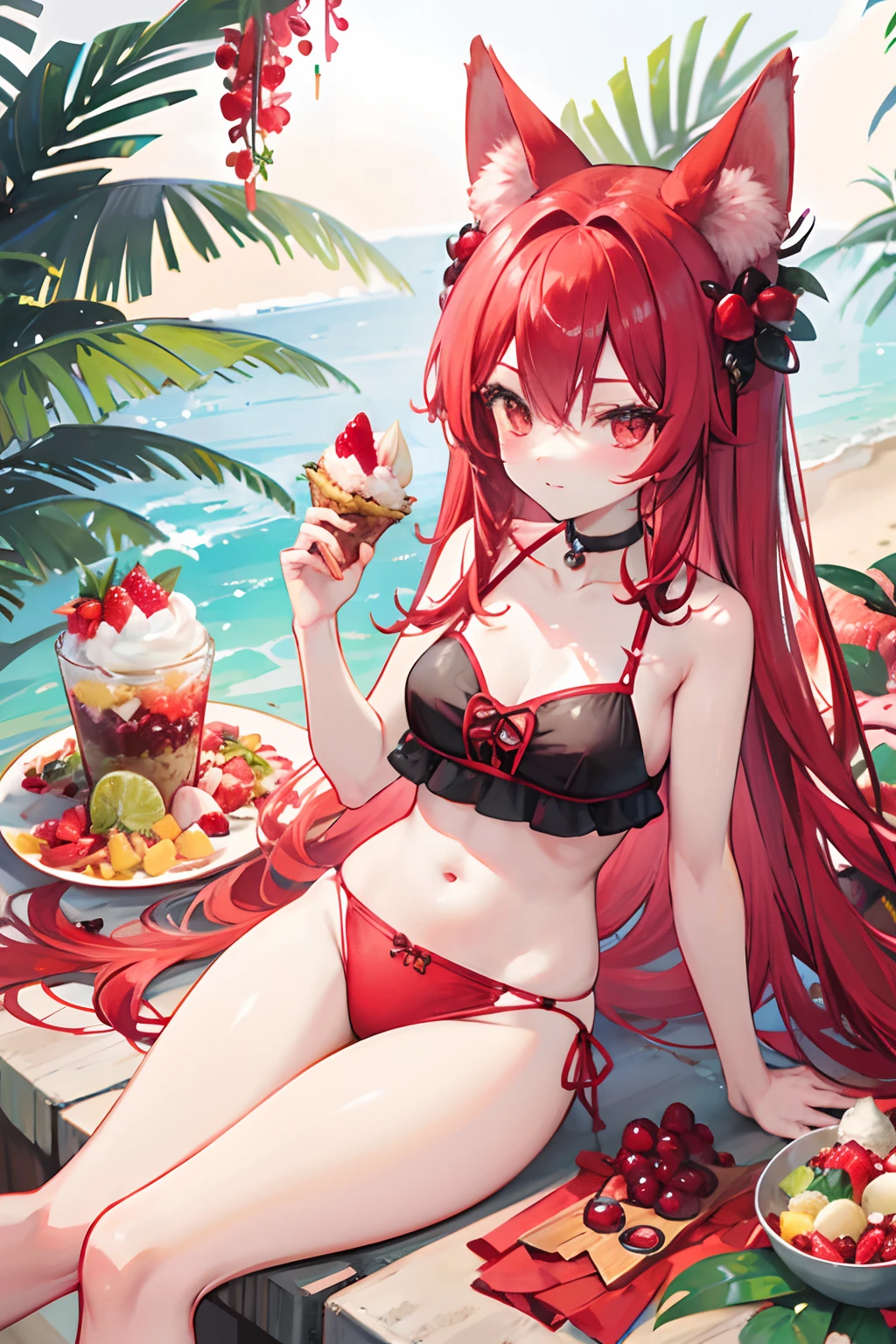 Red long-haired，Red fox ears，Tropical plants，swim wears，icecream，Fruit parfait，dragonfruit，pomegranate，delicacies
