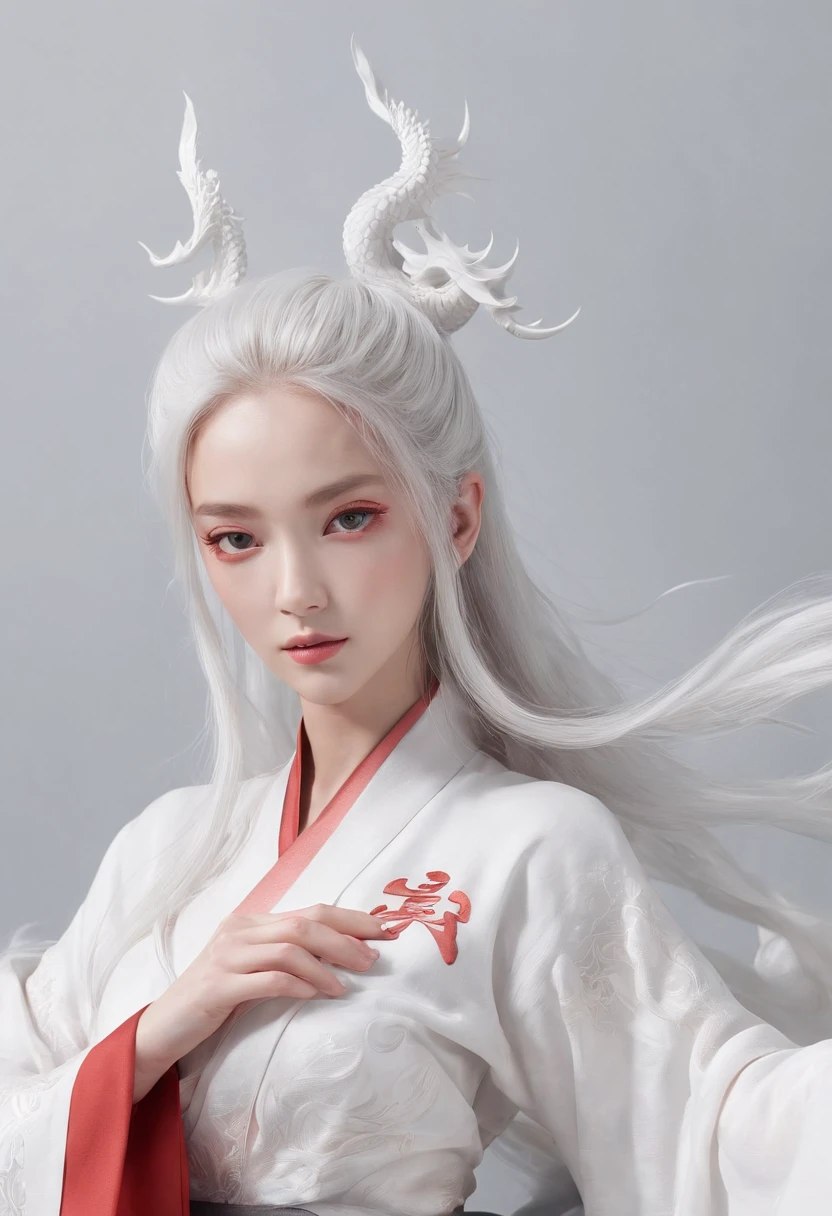 Elania Haywind，动态照明，art  stations，poster for，Volumetriclighting，Very detailed faces，4k wallpapers，Award-Awarded，1 girl with white hair，He has a delicate and beautiful face，long hair flowing，horse tailed，Fringed Hair Ornament，Dynamic perspective，White Hanfu，White gauze flying，red waistband，Sexy，Tradition Chinese Ink Painting，Surrounded by clouds，fog atmosphere，Ride a white dragon，Stroke the faucet，White dragon horn，dynamic viewing angle，电影灯光，