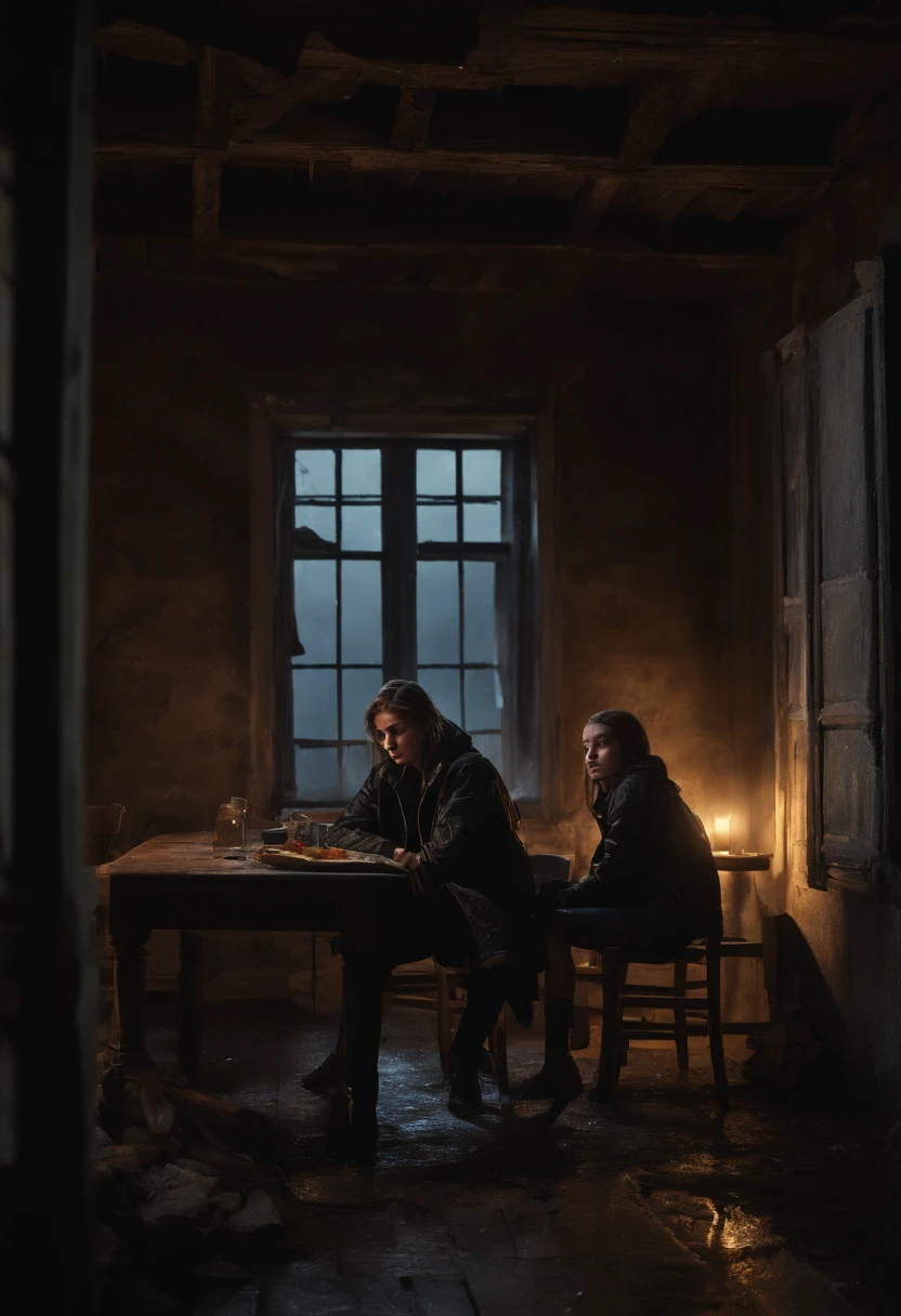 Two young agers, wearing black jackets, sitting at a wooden table, inside a destroyed and deteriorated house, at night, moonlight, the sky of the house is open, photorealistic, high detail,wet clothes, rain