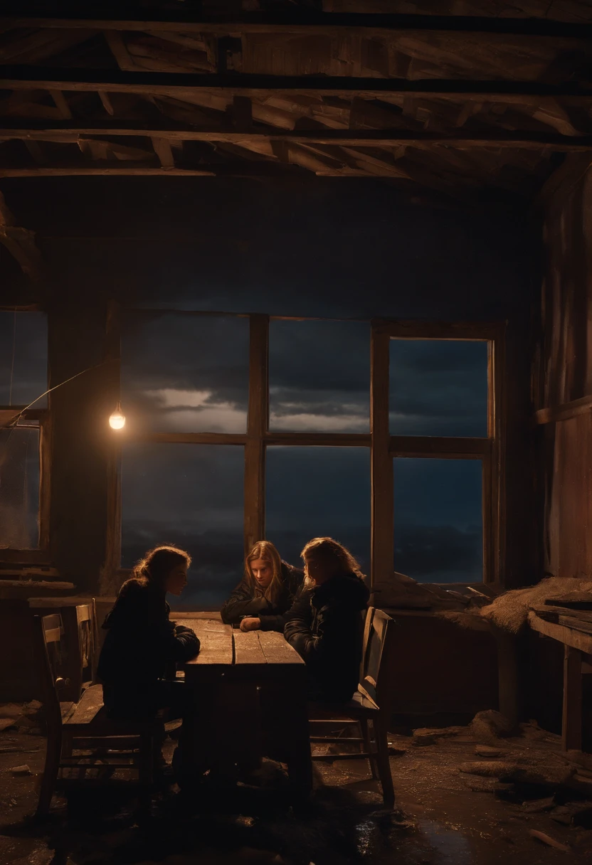 Two young agers, wearing black jackets, sitting at a wooden table, inside a destroyed and deteriorated house, at night, moonlight, the sky of the house is open, photorealistic, high detail,wet clothes, rain