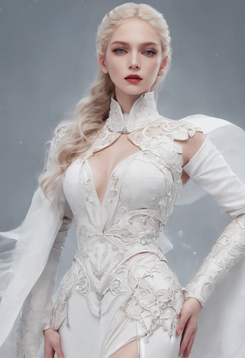 Elania Haywind,Highest image quality,Outstanding details,超高分辨率,(Fidelity:1.4), Favor the details,closeup cleavage,dawn,Snow,winter,Wizard Sword,He has a delicate and beautiful face,((Red and white semi-mechanical body:1.8)),Raised sexy,frontage,Futuristic,mechanically aesthetic,Virtual Engine 5,Perfect detail rendering,rendering by octane,hyper HD