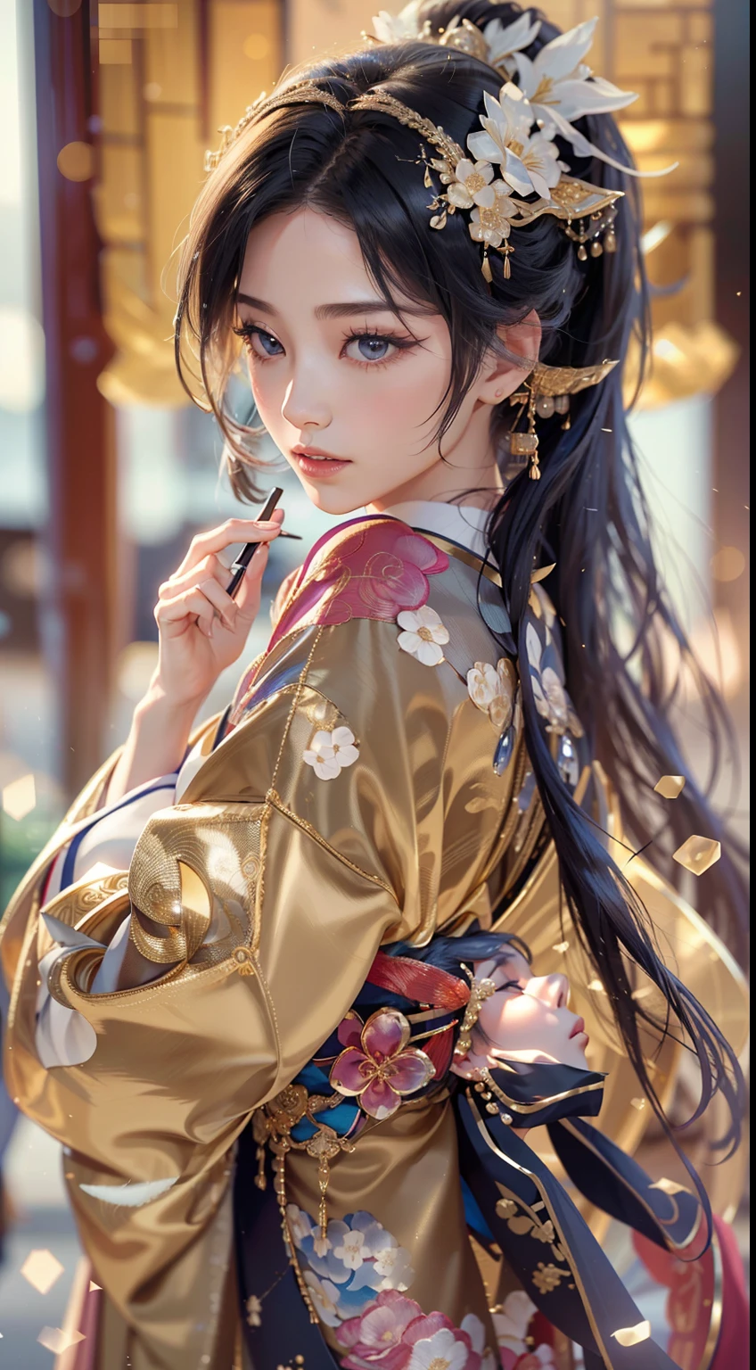 profile,Facing the viewer,watching at viewers,Gounio on dark background(kyoto、starryskybackground,Dense background),Perfect hand、Woman with shiny black hair,((3D with 3D effects)),Break the ponytail、exquisite costumes{Luxury kimono(Colorful kimono(Delicate gold embroidery,))}、face perfect,Depicting a beautiful and elegant Japanese woman。heart in the eyes。 Wallpaper 8k, .Blur the background with a sickle,((masutepiece)), ((Best quality)),{{Photorealistic}}