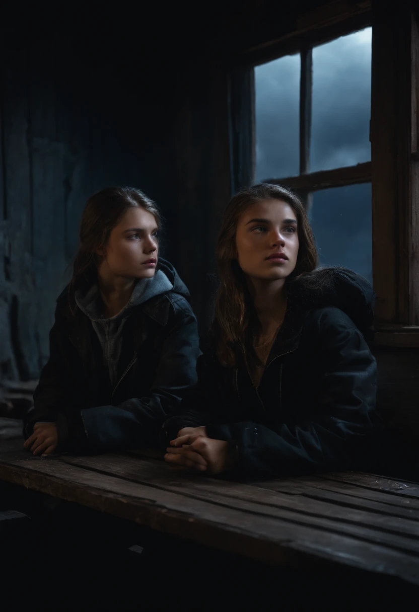 Two young teenagers, wearing black jackets, sitting at a wooden table, inside a destroyed and deteriorated house, at night, moonlight, the sky of the house is open, photorealistic, high detail,wet clothes, rain, dark cinematic