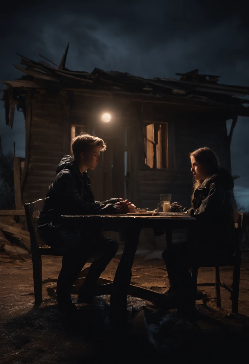 Two young teenagers, wearing black jackets, sitting at a wooden table, inside a destroyed and deteriorated house, at night, moonlight, the sky of the house is open, photorealistic, high detail,wet clothes, rain, dark cinematic