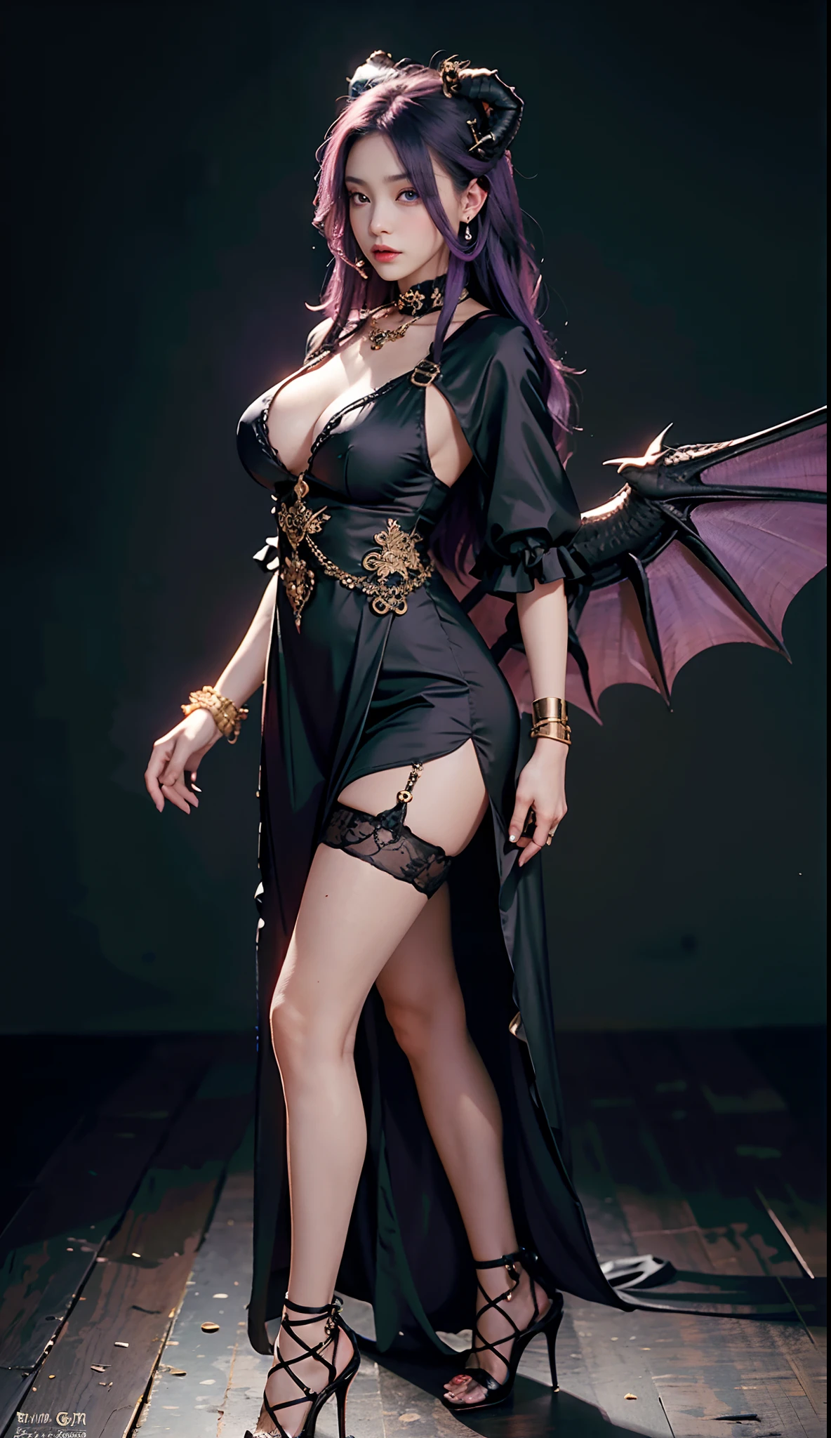 (Dark night,Bedrooms:1. a mature female,Purple-black hair,A pair of dragon horns,A pair of huge dragon wings,standing on your feet,One word step,Flirtatious), tmasterpiece, best qualtiy, RAW photogr, realisticlying, Incredibly Ridiculous res,, ear studs, (Long flowing purple hair),eye shadows,Bracelet,head chain,(A wide variety of intricate jewelry),eardrop,foot ring,Black ta dress long dress,(Black suspender stockings++),high-heels,Jade foot,depth of fields, A high resolution, ultra - detailed, filigree, RAWE is very detailed, very detailed eyes and faces, Sharp pupils, realistic pupil, tack sharp focus, cinmatic lighting,full bodyesbian,Bigboobs,long leges,From the front side,banquet,dynamicposes,Normal posture,closeup of face