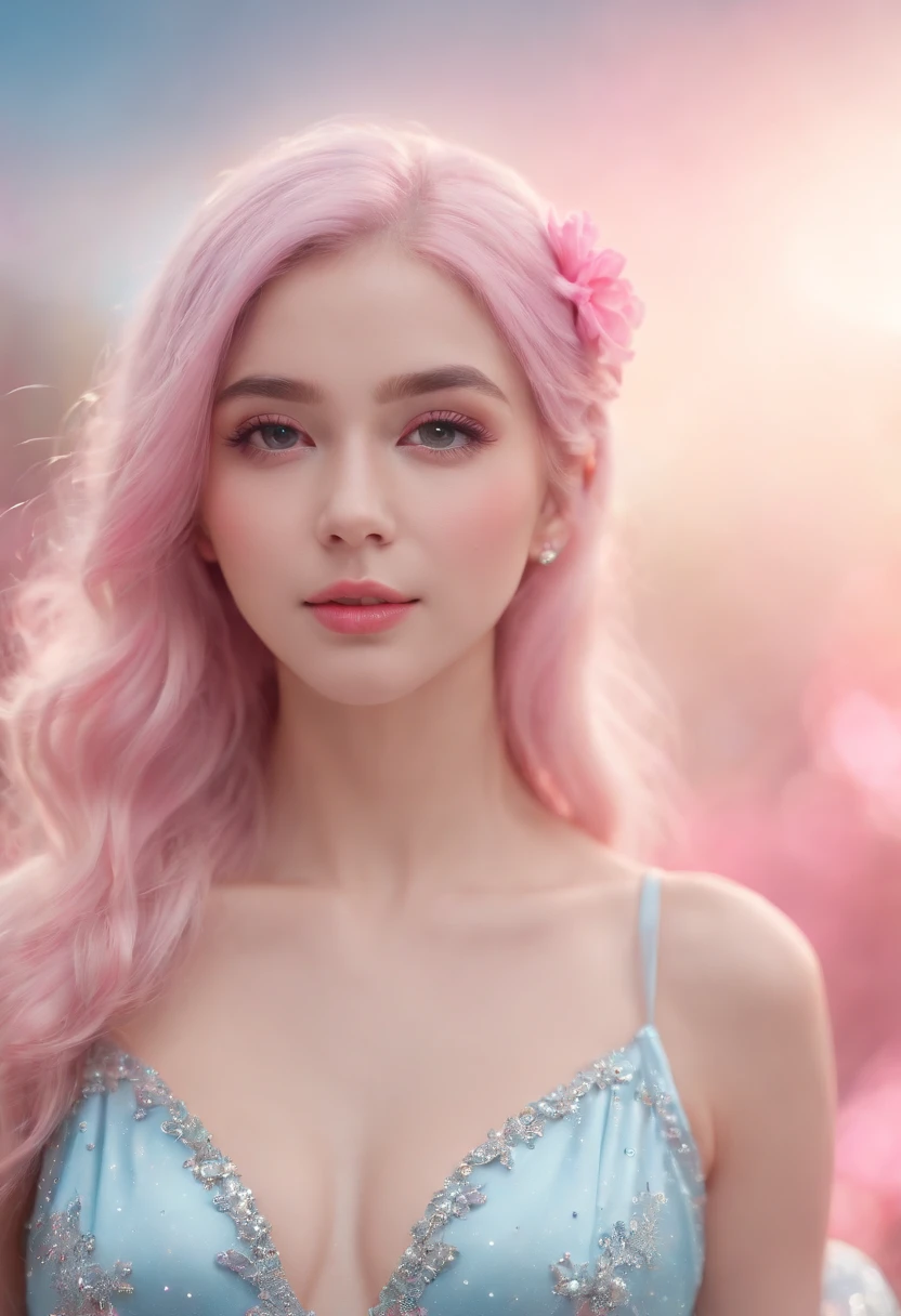 (Best quality,4K,8K,A high resolution,Masterpiece:1.2),Ultra-detailed,(Realistic,Photorealistic,photo-realistic:1.37),pink color palettes,star guardian,3D rendering of,Light blue hair,Holographic pink dress,Cute kawaii expression,Fly in space between pink planets,Sparkling stars and twinkling lights