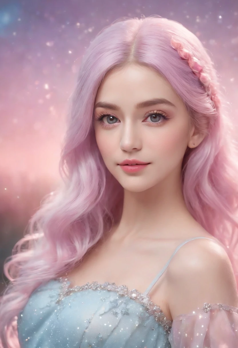 (Best quality,4K,8K,A high resolution,Masterpiece:1.2),Ultra-detailed,(Realistic,Photorealistic,photo-realistic:1.37),pink color palettes,star guardian,3D rendering of,Light blue hair,Holographic pink dress,Cute kawaii expression,Fly in space between pink planets,Sparkling stars and twinkling lights