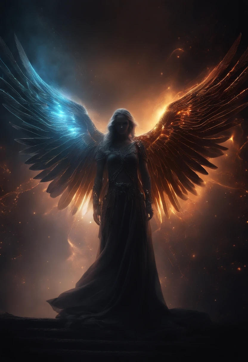 Cosmic Fallen Angel, glowing light eyes, Biomechanical, eerie, Creepy, nightmarish, Very bright colors, Light particles, with light glowing, Mshiv, wallpaper art, UHD wallpaper