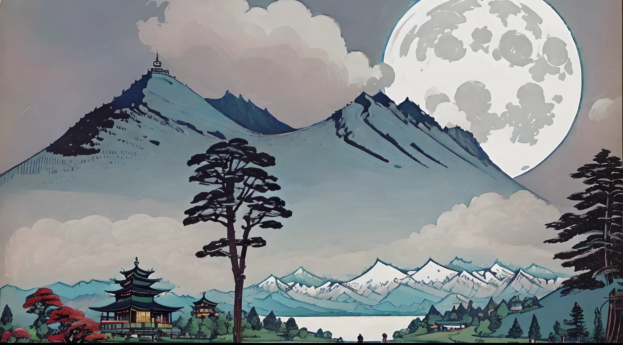 Admire the river，Mountain view of pagoda and moon, A beautiful artwork illustration, highly detailed digital artwork, 4k highly detailed digital art, highly detailed digital painting, intricate digital painting, Beautiful digital artwork, scenery art detailed, Onmyoji detailed art, 4 k highly detailed art, Highly detailed digital art, Floating mountains, 4k detailed art, very detailed digital painting