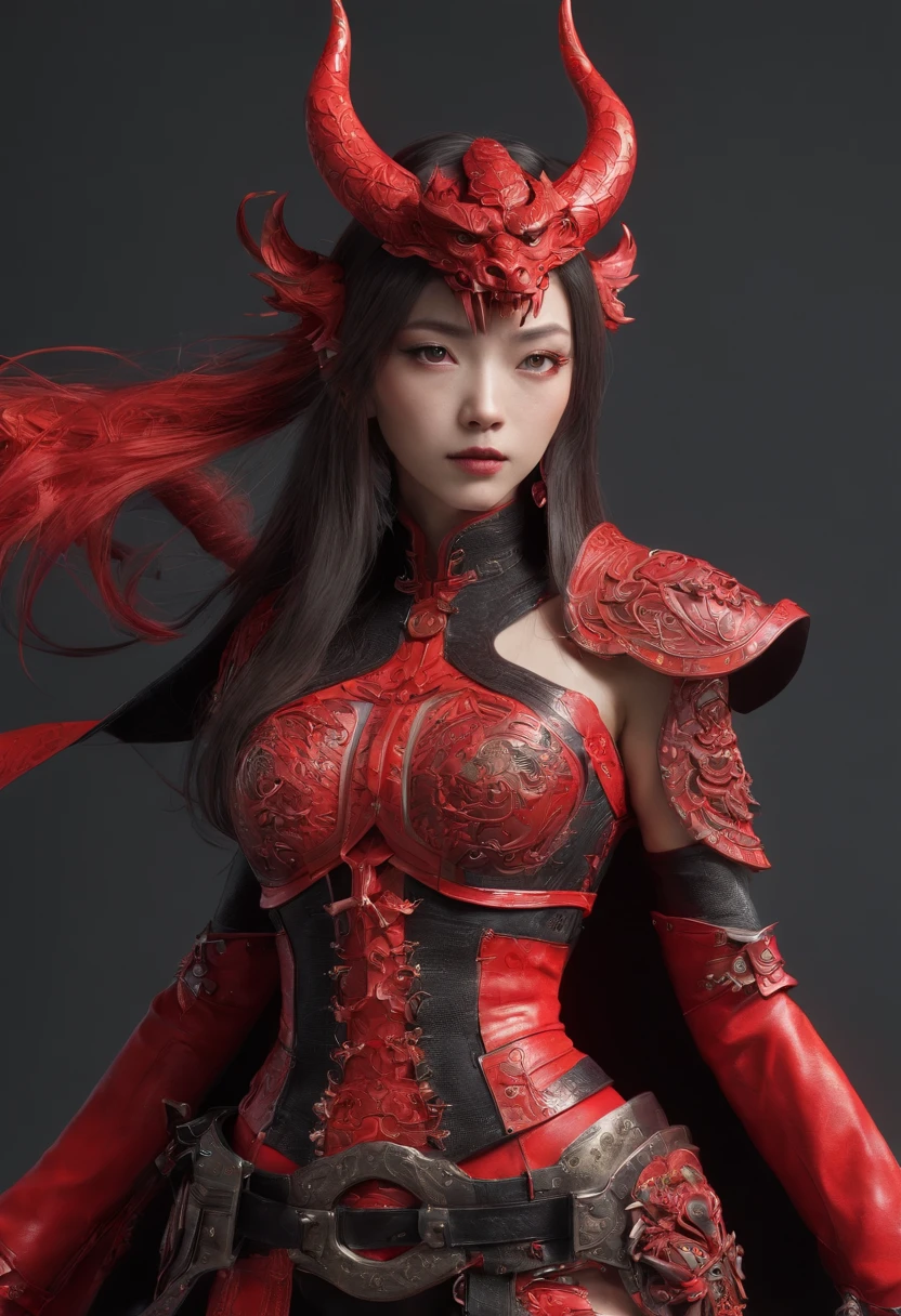 Elania Haywind，Highest image quality，Outstanding details，超高分辨率，（Fidelity：1.4）, Favor the details，closeup cleavage，dawn，Snow，winter，Wizard Sword，He has a delicate and beautiful face，Red Japanese oni armor，Raised sexy，frontage，Futuristic，mechanically aesthetic，Virtual Engine 5，Perfect detail rendering，rendering by octane，hyper HD