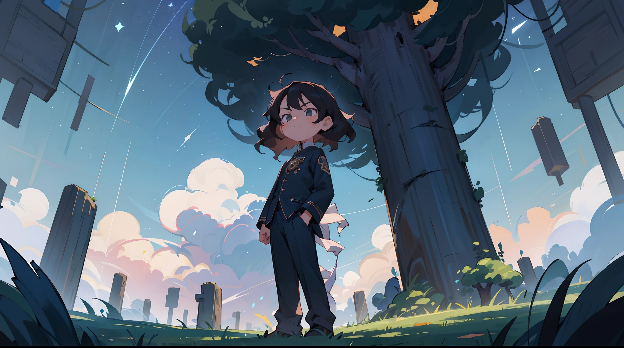 (tmasterpiece,Best quality at best),highly details, Ultra-detailed 8K, 超高分辨率,finely detailed facial features,Girl Sky Falls,The boy standing on the ground looked at the sky,Lateral face(12-year-old girl:black long curly hair,white dresses,)(12 year old boy:shoun,brunette color hair,黑The eye,Black Academy uniform)face expressionless,Full body view,Bask in starlight,perfect compositions,Black and blue composition,Panorama view