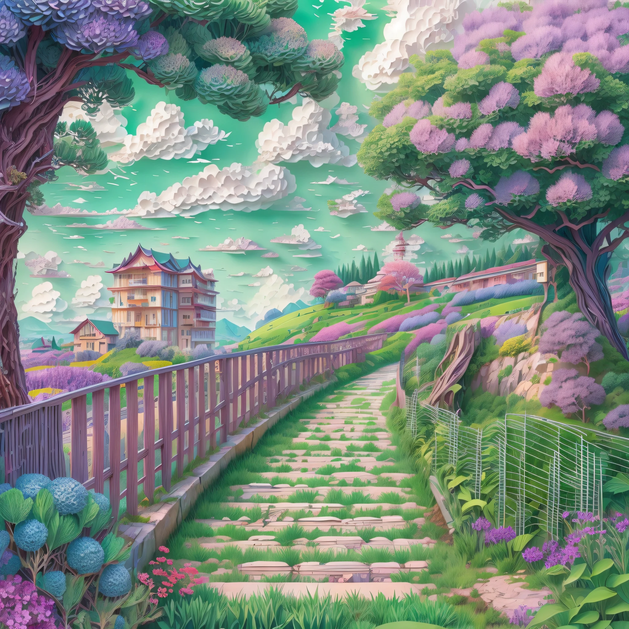 ,bridge, Building, Bush, City, Cloud, day, Door, fence, Field,orest, sonoko, Grass, house, hydrangea, Mountain, Nature, No_Humanity, Outdoors, paths, plant, potted_plant, purple_flower, Road, scenery, sky, skyscraper, traditional_Mediums, tree,