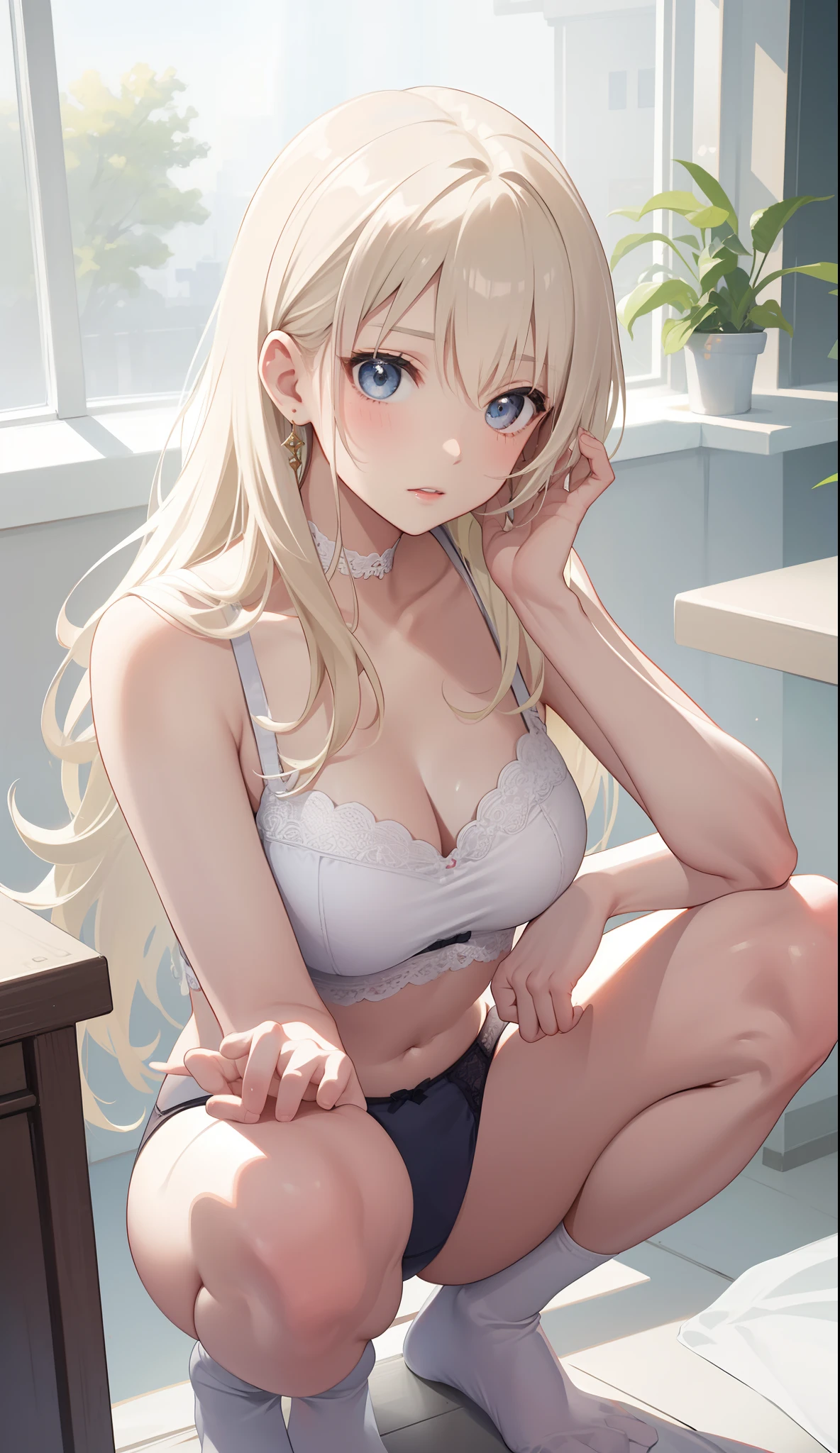 1girl in、AS-Adult、Underwear、Cute underwear、sexy underwear、Upper body portrait、White blonde hair、Squatting panchira、