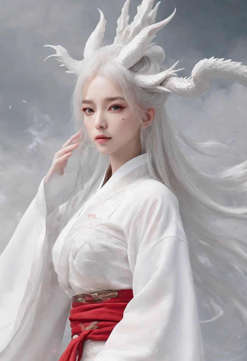 Elania Haywind,动态照明,art stations,poster for,Volumetriclighting,Very detailed faces,4k wallpapers,Award-Awarded,1 girl with white hair,He has a delicate and beautiful face,long hair flowing,horse tailed,Fringed Hair Ornament,Dynamic perspective,White Hanfu,White gauze flying,red waistband,Sexy,Tradition Chinese Ink Painting,Surrounded by clouds,fog atmosphere,Ride a white dragon,Stroke the faucet,White dragon horn,dynamic viewing angle,电影灯光,