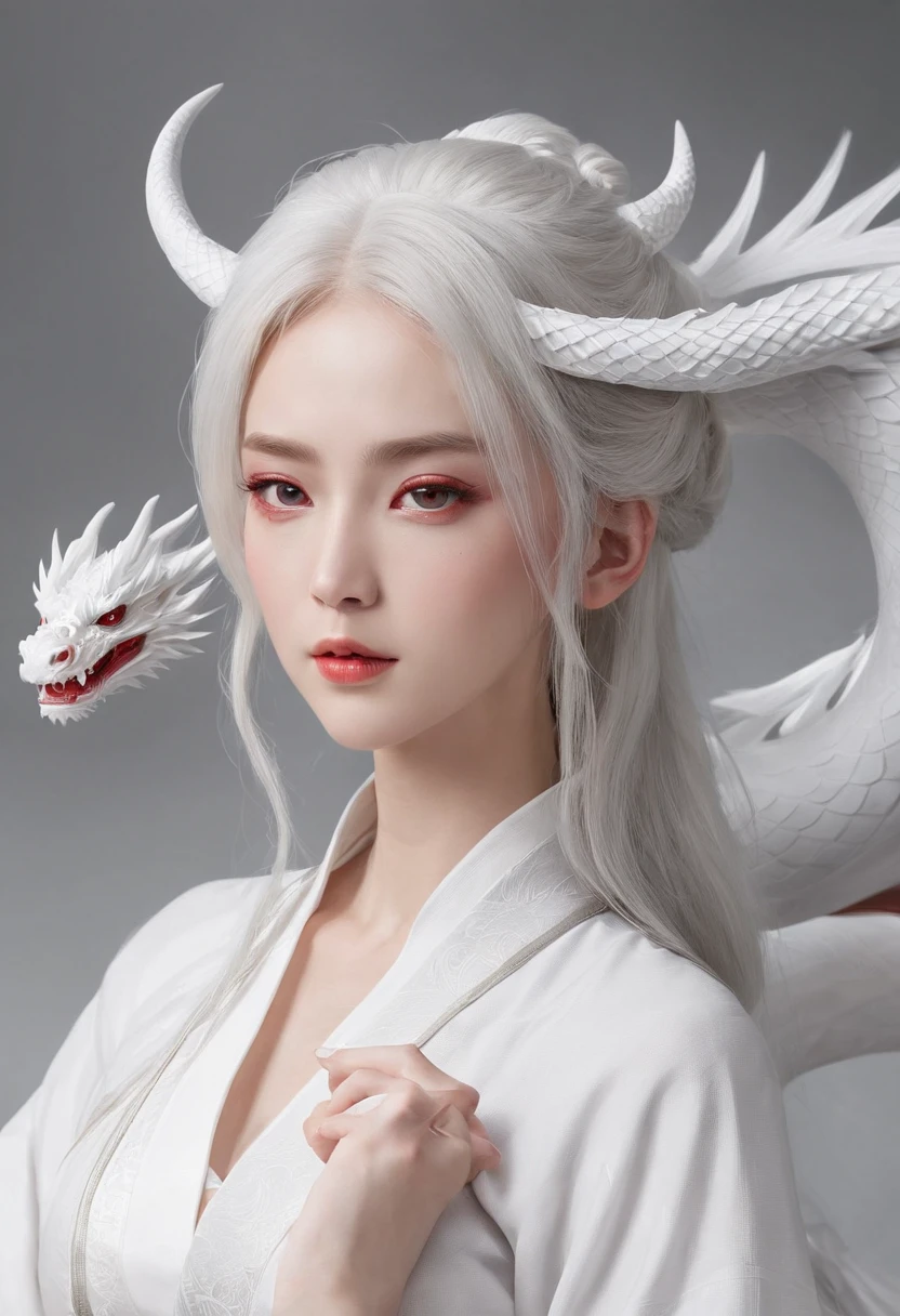 Elania Haywind,动态照明,art stations,poster for,Volumetriclighting,Very detailed faces,4k wallpapers,Award-Awarded,1 girl with white hair,He has a delicate and beautiful face,long hair flowing,horse tailed,Fringed Hair Ornament,Dynamic perspective,White Hanfu,White gauze flying,red waistband,Sexy,Tradition Chinese Ink Painting,Surrounded by clouds,fog atmosphere,Ride a white dragon,Stroke the faucet,White dragon horn,dynamic viewing angle,电影灯光,