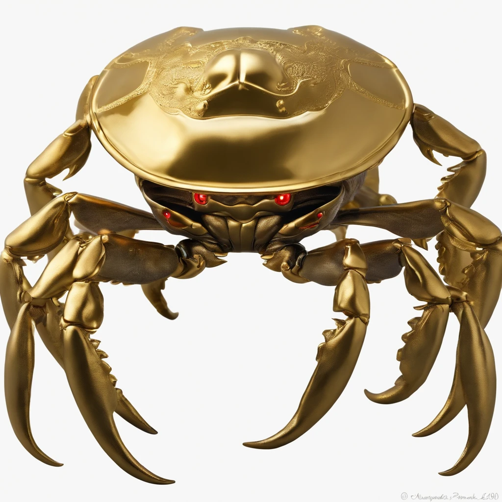 Crab Monster, forceful, Colossal, Crustacean, Metallic luster, Glowing in gold, metal texture