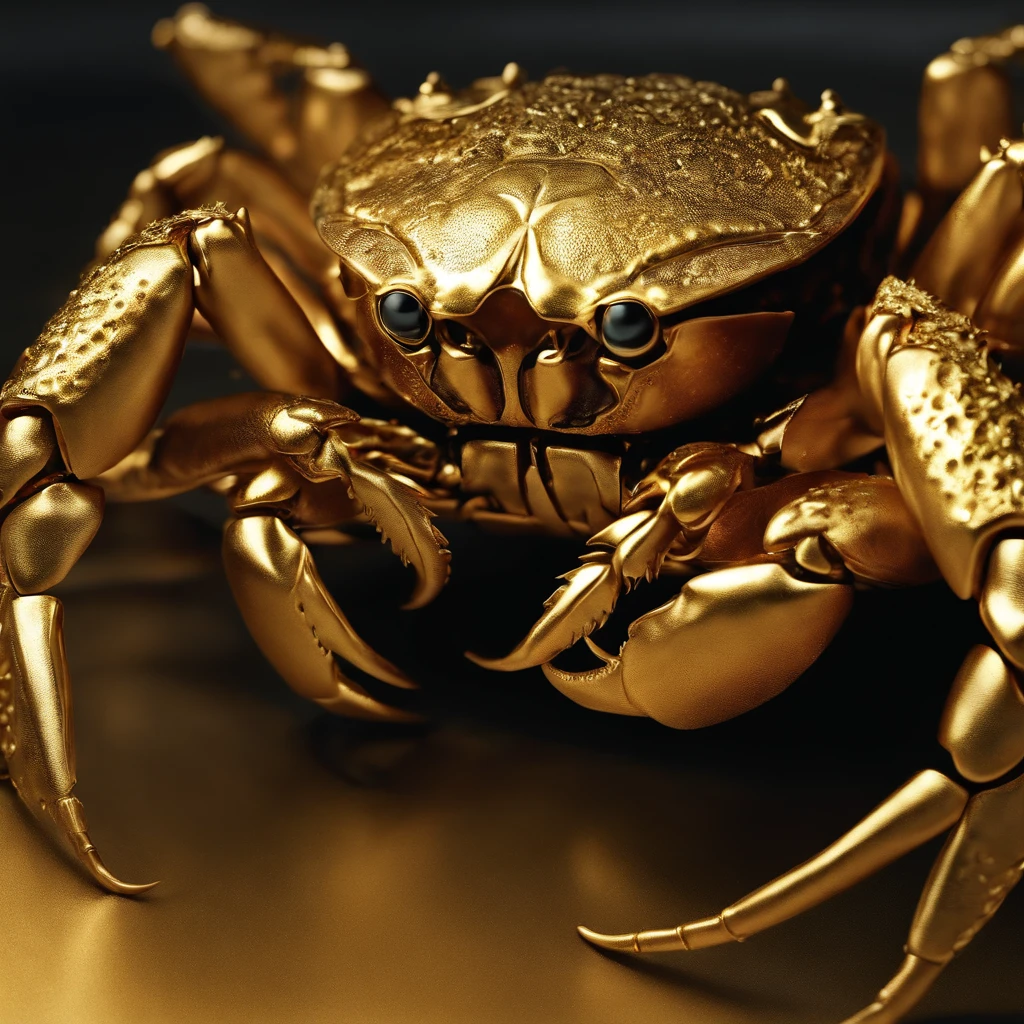 Crab Monster, forceful, Colossal, Crustacean, Metallic luster, Glowing in gold, metal texture