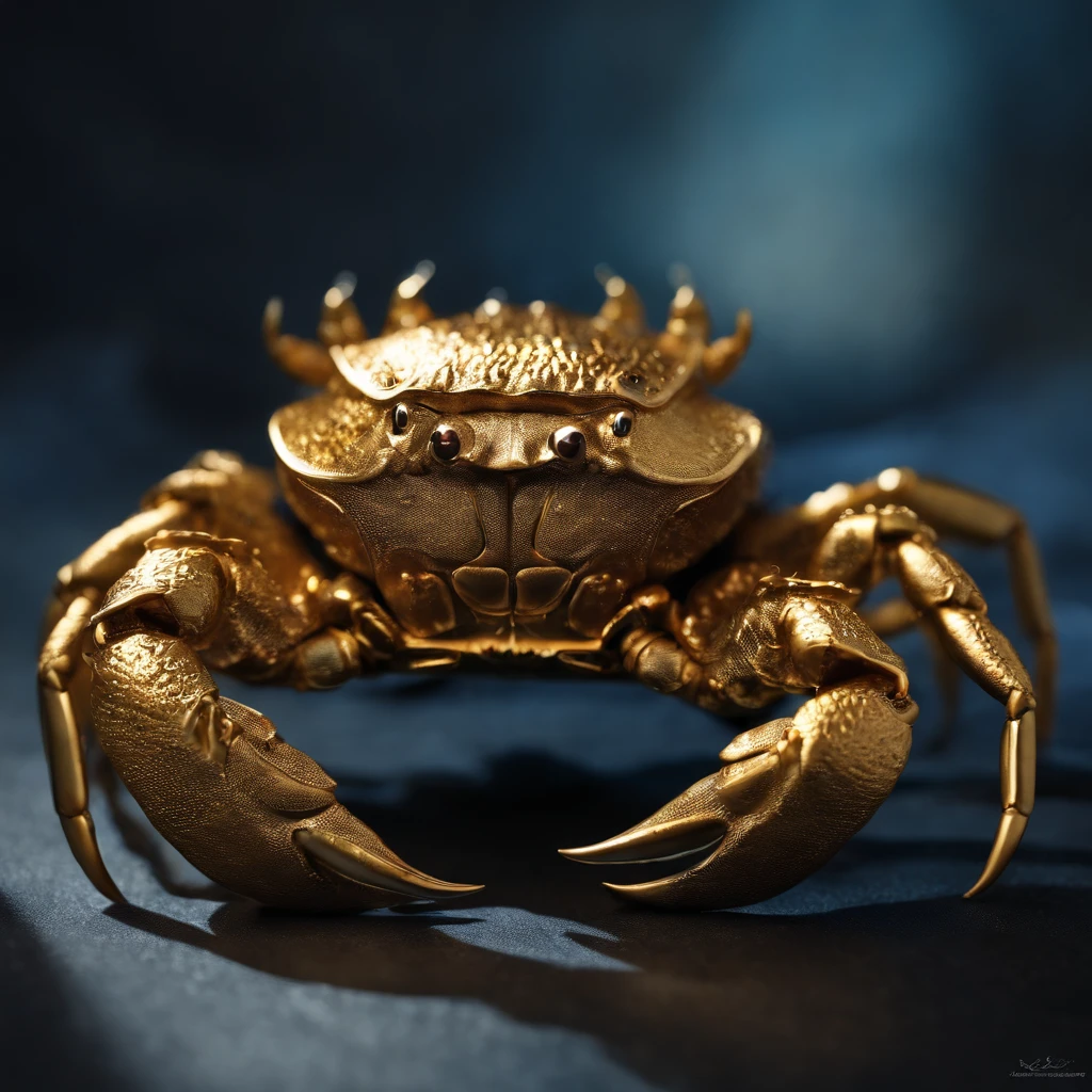 Crab Monster, forceful, Colossal, Crustacean, Metallic luster, Glowing in gold, metal texture