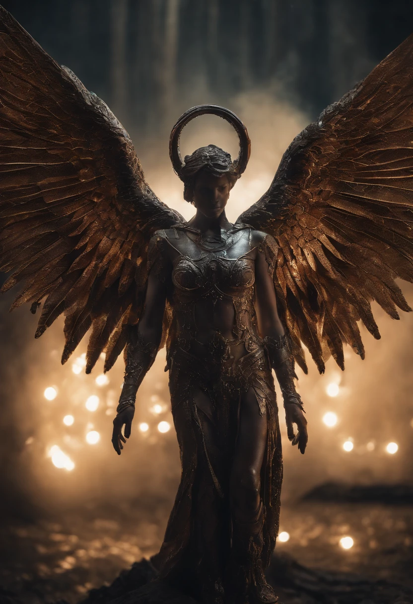 Create a stunning photo of a full view of a BaroqueWarrior angelic girl with a halo and devil men with a horned statue with impeccable quality and artistic brilliance