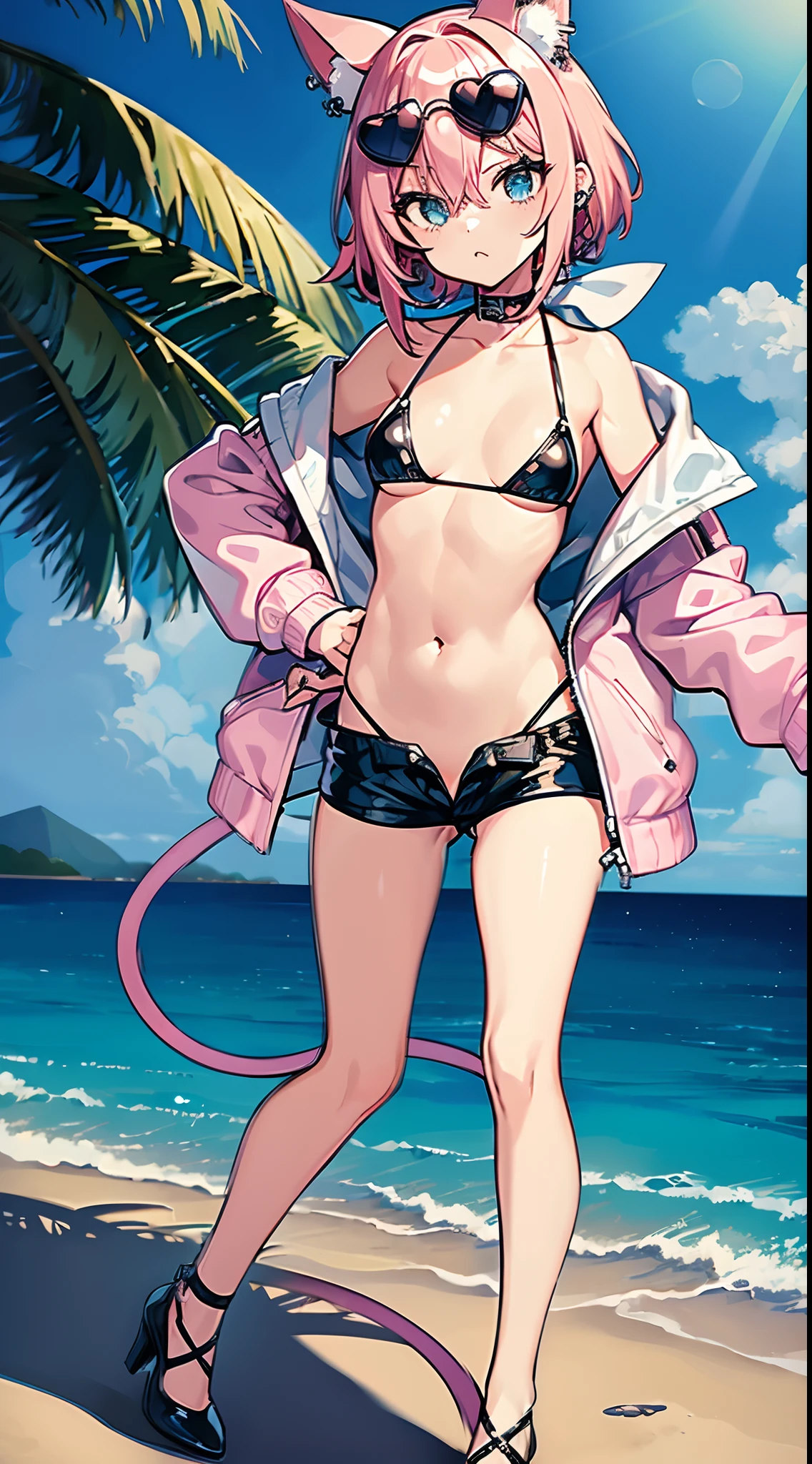 1 girl in,A pink-haired,Light blue eyes,Sunglasses worn on the head,Seductive look,piercings,Twin-tailed,Black Bikini,tiny chest,shortpants,Short pants,Pantyhose Strap,lowrise,Front hook,White jacket,high-heels,Beach,Wet