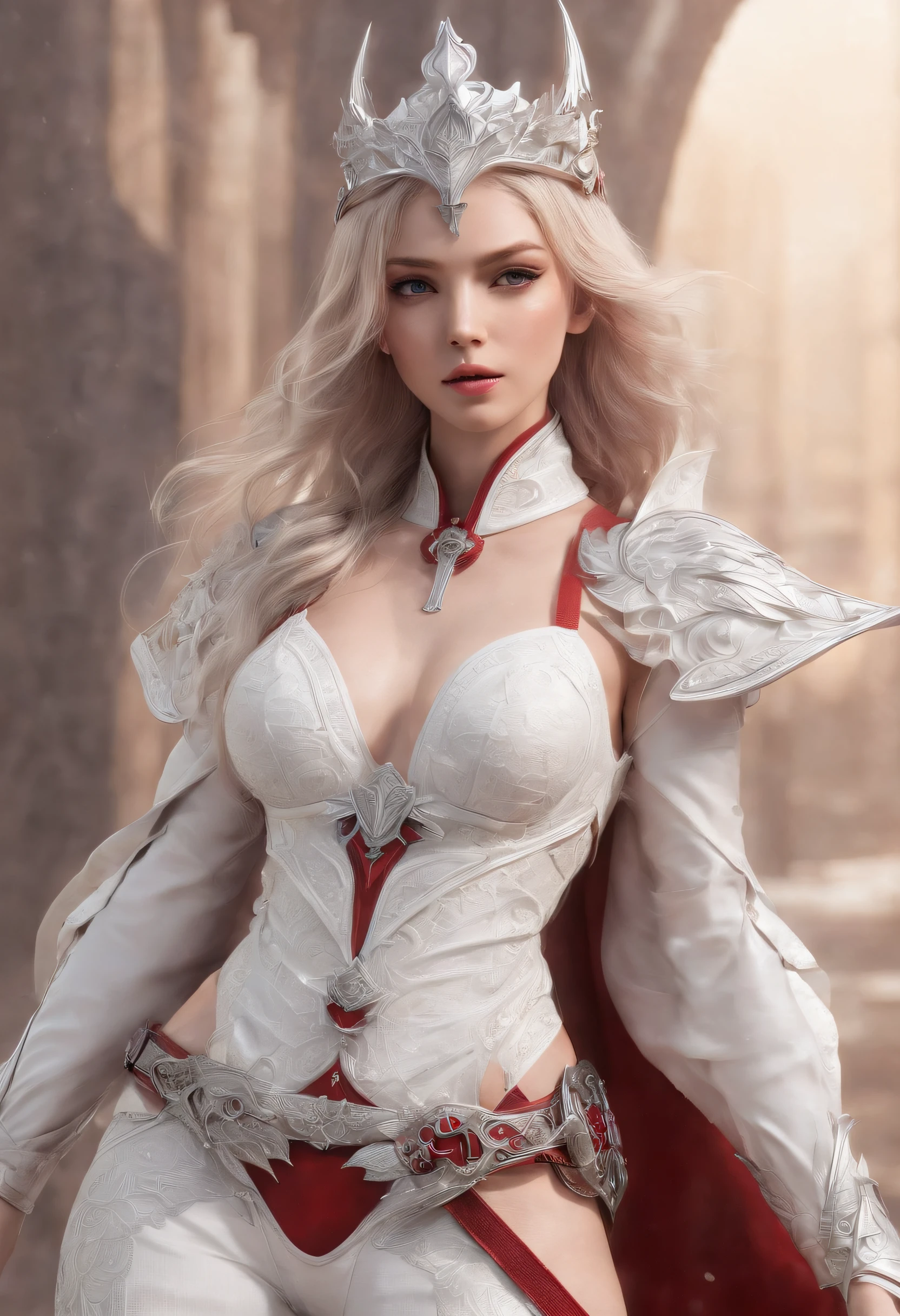 Elania Haywind,Highest image quality,Outstanding details,超高分辨率,(Fidelity:1.4), Favor the details,closeup cleavage,dawn,Snow,winter,Wizard Sword,He has a delicate and beautiful face,((Red and white semi-mechanical body:1.8)),Raised sexy,frontage,Futuristic,mechanically aesthetic,Virtual Engine 5,Perfect detail rendering,rendering by octane,hyper HD