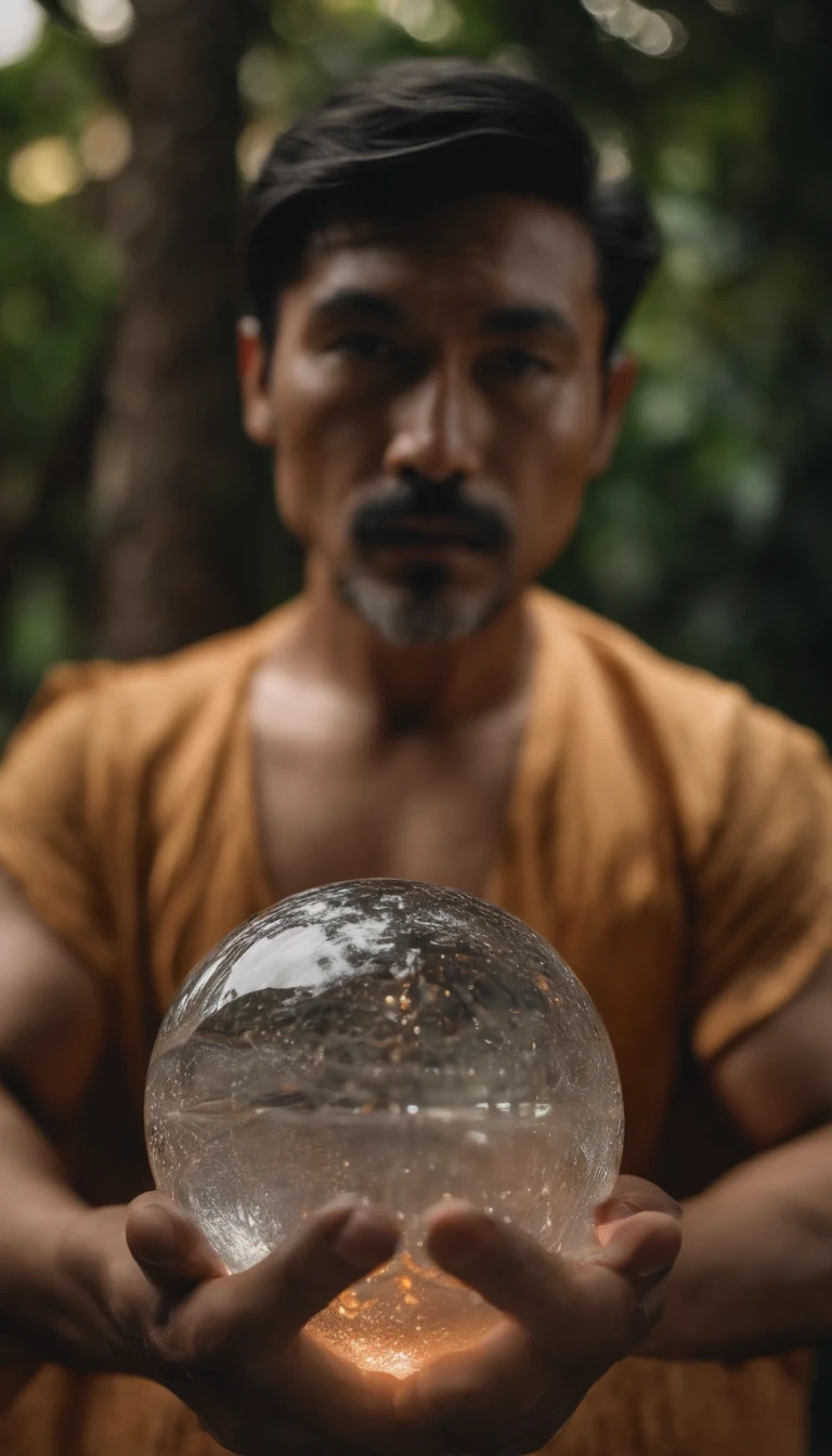 35-year-old middle-aged Asian man，cabelos longos，barba longa，Close-up of holding a crystal ball in your hand，staring directly at camera，Medite de pernas cruzadas, no centro，clear facial features，cores muito brilhantes, light particles, com luz brilhante, Mshiv, Arte do papel de parede, Papel de parede UHD, com olhos brilhantes e uma cobra ao lado.
