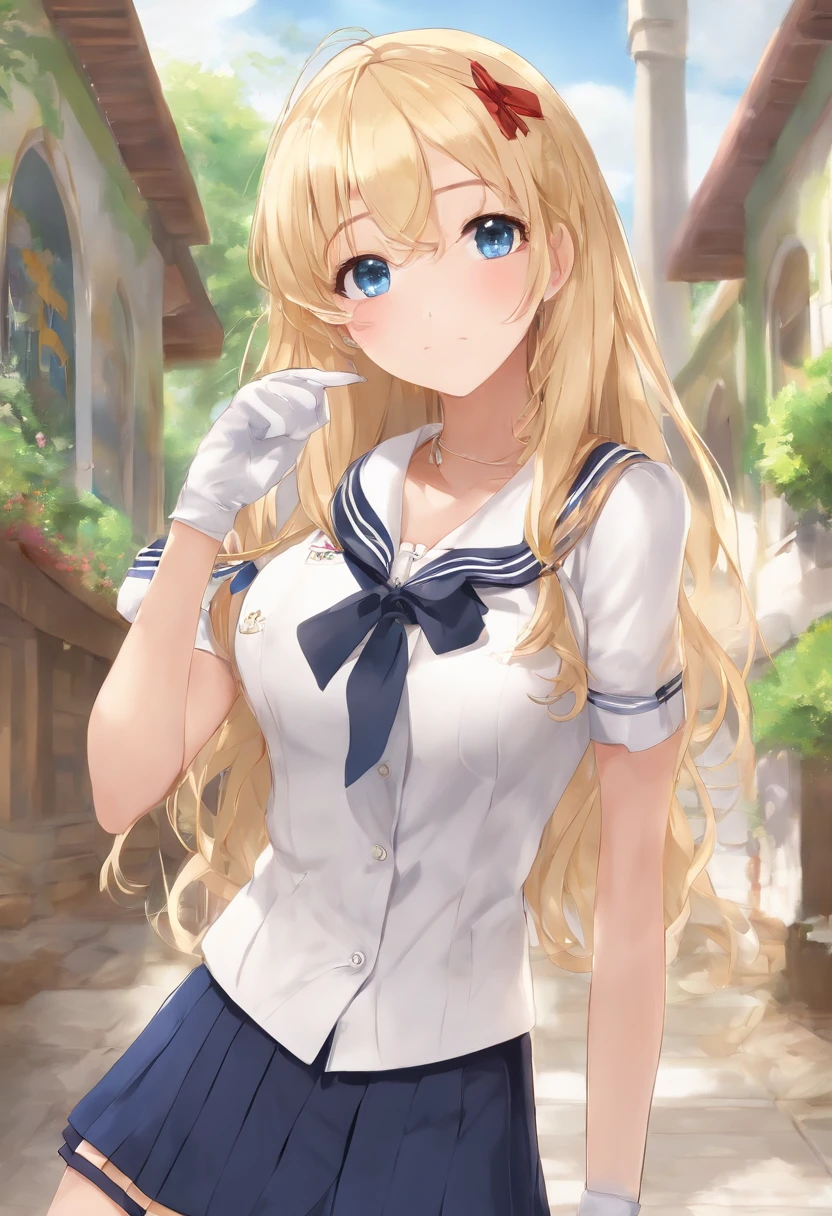 (best quality,realistic:1.37), detailed blonde hair, detailed blue eyes, detailed lips, school uniform with sailor suit, white frog-patterned panties, playful and sweaty atmosphere, lively and energetic classroom, mischievous girl showing her panties to classmates, juicy and vibrant colors, vibrant lighting, anime style