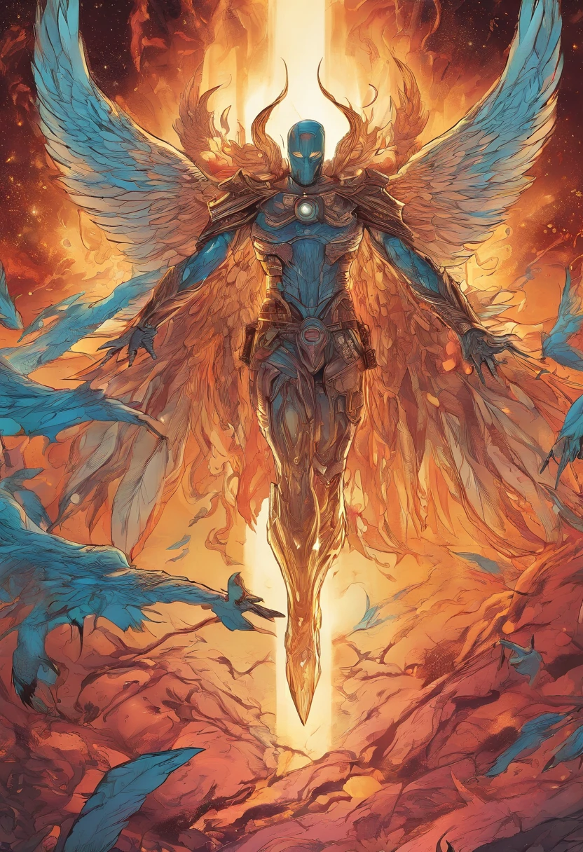 um close up de um homem com asas no corpo, cosmic horror entity with wings, inspirado em Ryan Stegman, inspirado em Philippe Druillet, asgardiano, inspirado em Zoltan Boros, metahumano, inspirado em Rob Liefeld, Felipe Hunting, divindade detalhada, humano alado, strange ethereal being, tor da maravilha, inspirado em Xul Solar