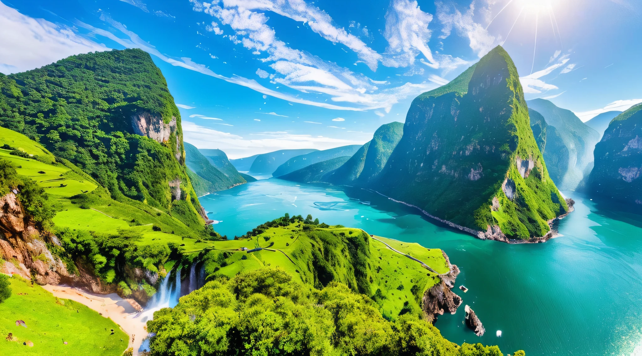 (a magnificent, breathtaking view of)(a cascading waterfall)(surrounded by)(a vibrant oasis of lush greenery)(with)(majestic mountains in the distance).
(best quality,4k,8k,highres,masterpiece:1.2),ultra-detailed,(realistic,photorealistic,photo-realistic:1.37),(HDR,UHD),studio lighting,(physically-based rendering:1.1),extreme detail description,professional,vivid colors.
(portraits,landscape),(nature beauty,serene,natural),scenic wonder,tranquil oasis,majestic scenery.
(vibrant shades of green and blue),(warm sunlight),(sparkling water droplets),(reflections on the water),(misty atmosphere),(dramatic cliff backdrop).