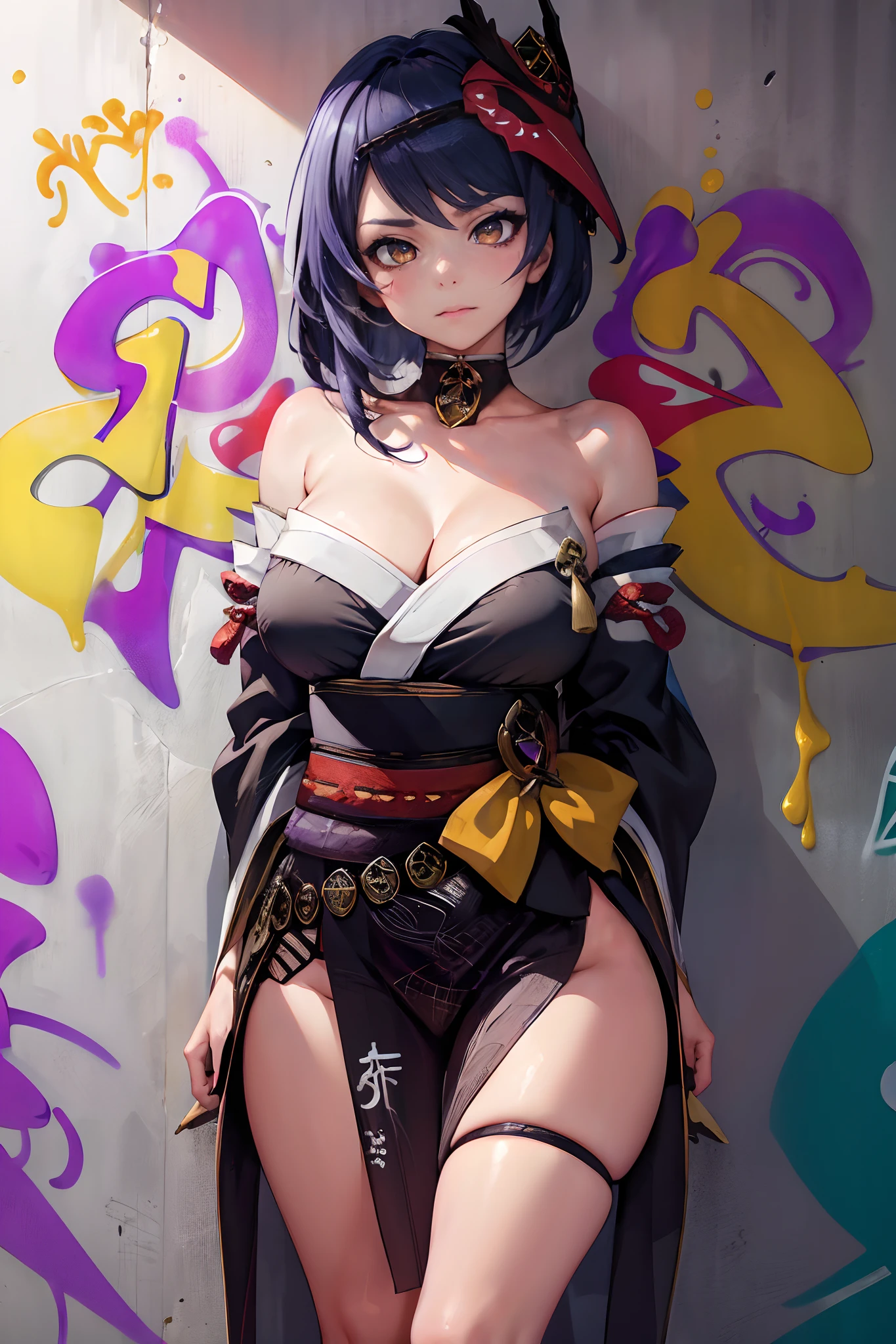 Kujou Sara Genshin Effect, masterpiece, bestquality, 1girls, oversized breasts, bara, Wearing a kimono, Miko Dresses, choker, (Graffiti:1.5), Splash with purple lightning pattern., arm behind back, against wall, View viewers from the front., Thigh strap, Head tilt, bored, water eyes,