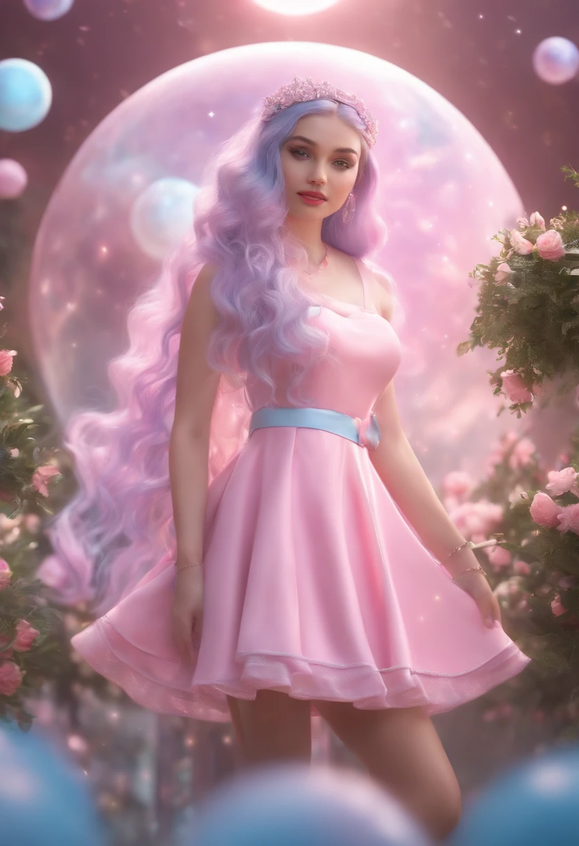 (Best quality,4K,8K,A high resolution,Masterpiece:1.2),Ultra-detailed,(Realistic,Photorealistic,photo-realistic:1.37),pink color palettes,star guardian,3D rendering of,Light blue hair,Holographic pink dress,Cute kawaii expression,Fly in space between pink planets,Sparkling stars and twinkling lights