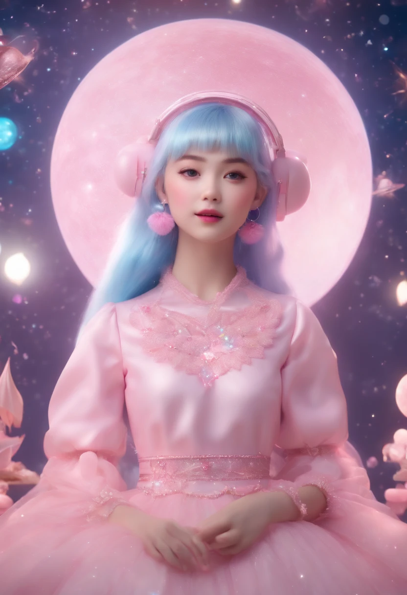 (Best quality,4K,8K,A high resolution,Masterpiece:1.2),Ultra-detailed,(Realistic,Photorealistic,photo-realistic:1.37),pink color palettes,star guardian,3D rendering of,Light blue hair,Holographic pink dress,Cute kawaii expression,Fly in space between pink planets,Sparkling stars and twinkling lights
