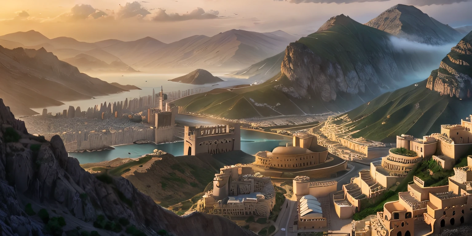 mountains surrounding a city with a large body of water, realistic photo of a town, oman, mediterranean city, ancient mediterranean city, a detailed matte painting, photorealistic matte painting, ancient city landscape, by Artur Tarnowski, highly detailed matte painting, greece, by Johannes Voss, detailed matte painting, naboo, 3d rendered matte painting, ancient greek city