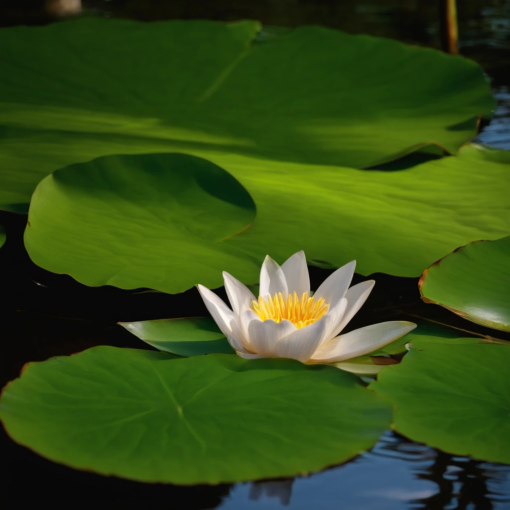 Lotus leaf, lotuses, Eau, courtyard, rays of sunshine, partially underwater shot, symmetry, polar opposites, close-up, Romanticism, Op art, Contemporary art, Luminism, cinematic lighting, sparkle, god rays, ray tracing, UHD, retina, masterpiece, ccurate, super detail, anatomically correct, high details, high quality, award winning, best quality, highres, 16k