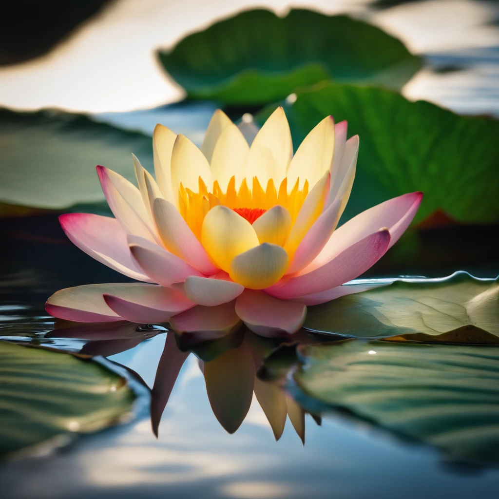 Lotus leaf, lotuses, Eau, courtyard, rays of sunshine, partially underwater shot, symmetry, polar opposites, close-up, Romanticism, Op art, Contemporary art, Luminism, cinematic lighting, sparkle, god rays, ray tracing, UHD, retina, masterpiece, ccurate, super detail, anatomically correct, high details, high quality, award winning, best quality, highres, 16k