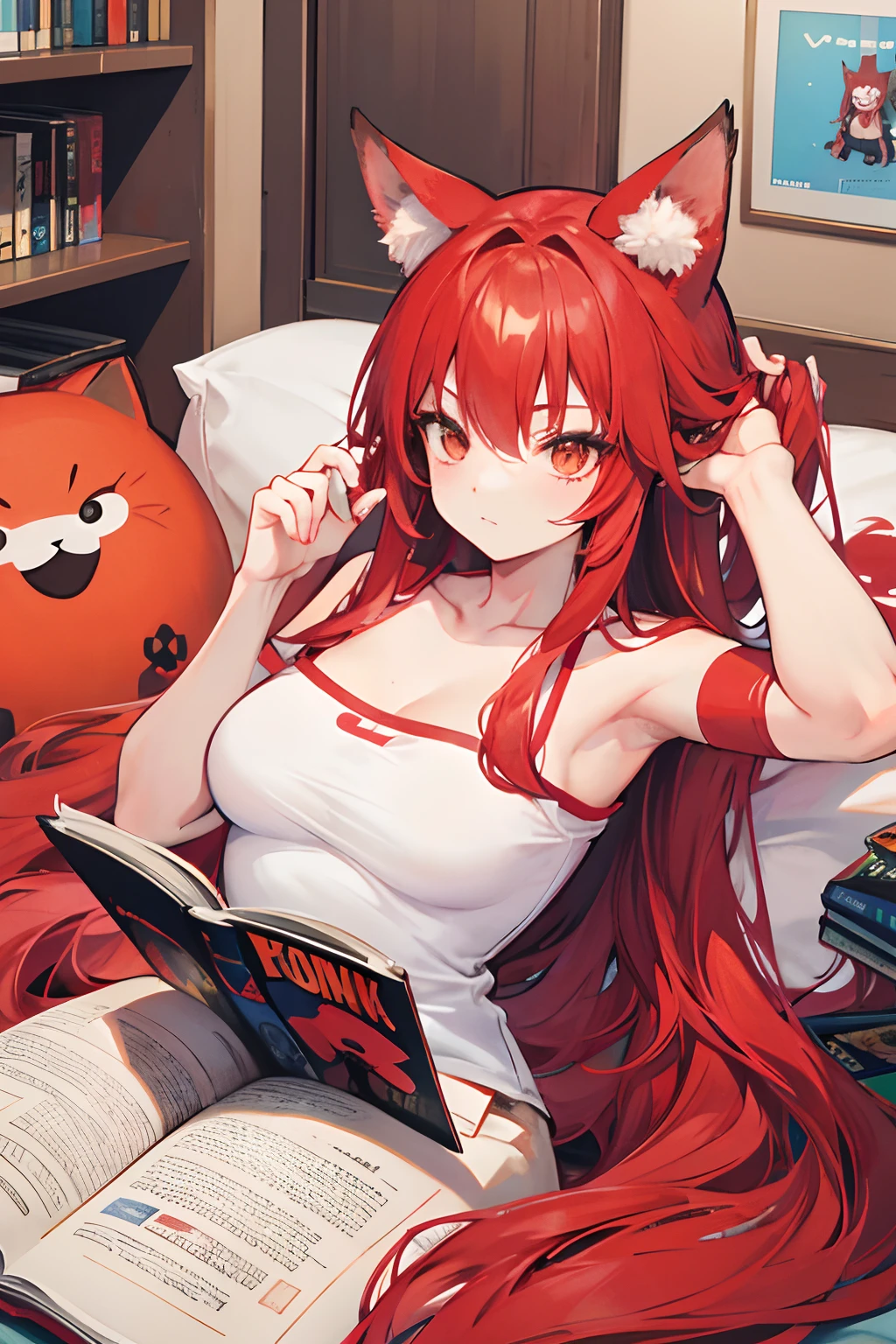 Red long-haired,Red fox ears,Lying in bed reading comic books