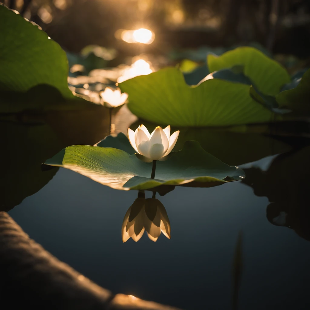 Lotus leaf, lotuses, Eau, courtyard, rays of sunshine, partially underwater shot, symmetry, polar opposites, close-up, Romanticism, Op art, Contemporary art, Luminism, cinematic lighting, sparkle, god rays, ray tracing, UHD, retina, masterpiece, ccurate, super detail, anatomically correct, high details, high quality, award winning, best quality, highres, 16k