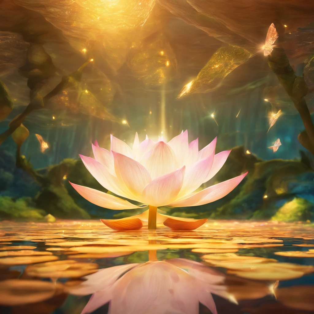 Lotus leaf, lotuses, Eau, courtyard, rays of sunshine, partially underwater shot, symmetry, polar opposites, close-up, Romanticism, Op art, Contemporary art, Luminism, cinematic lighting, sparkle, god rays, ray tracing, UHD, retina, masterpiece, ccurate, super detail, anatomically correct, high details, high quality, award winning, best quality, highres, 16k
