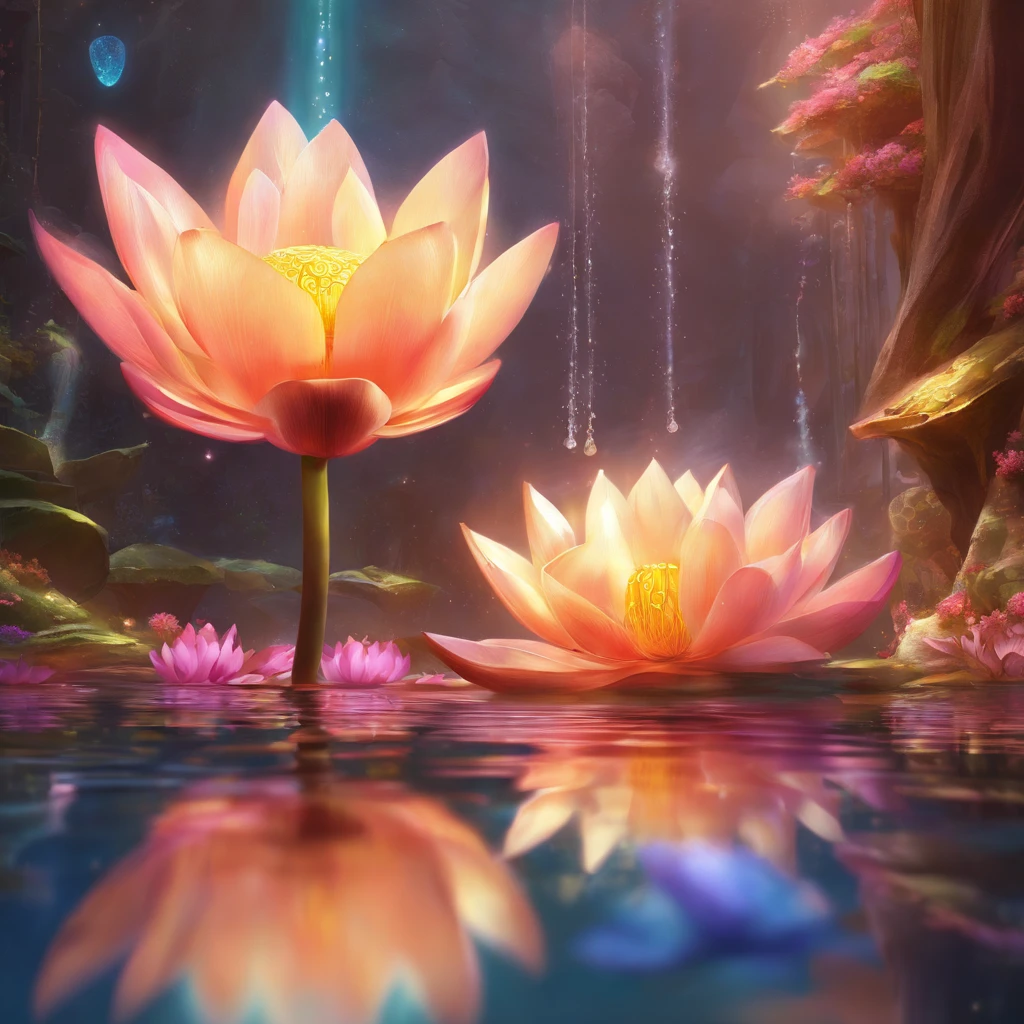 Lotus leaf, lotuses, Eau, courtyard, rays of sunshine, partially underwater shot, symmetry, polar opposites, close-up, Romanticism, Op art, Contemporary art, Luminism, cinematic lighting, sparkle, god rays, ray tracing, UHD, retina, masterpiece, ccurate, super detail, anatomically correct, high details, high quality, award winning, best quality, highres, 16k
