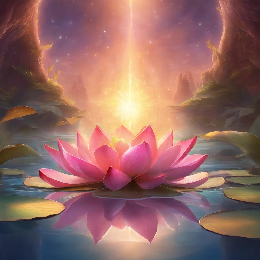 Lotus leaf, lotuses, Eau, courtyard, rays of sunshine, partially underwater shot, symmetry, polar opposites, close-up, Romanticism, Op art, Contemporary art, Luminism, cinematic lighting, sparkle, god rays, ray tracing, UHD, retina, masterpiece, ccurate, super detail, anatomically correct, high details, high quality, award winning, best quality, highres, 16k