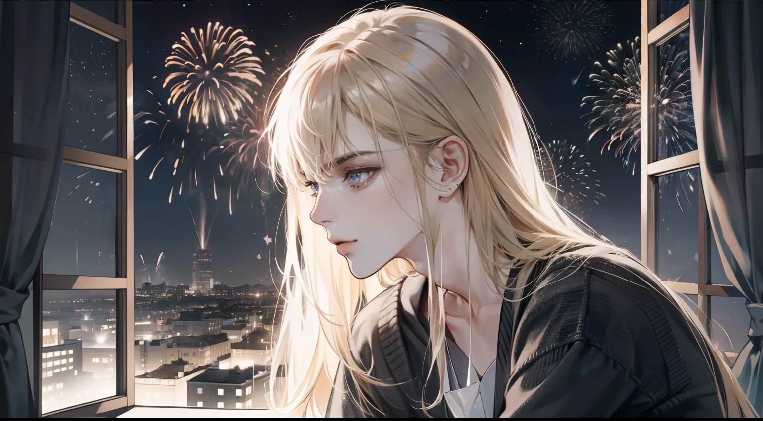 1 Homem, cara musculoso alto, macho, rosto delicado, A cheerful individual with long shaggy blonde hair and rapt bangs, wearing an elegant grey neck and thin cardigan, positioned next to a window overlooking a mesmerizing night sky filled with twinkling stars and vibrant explosions of fireworks.Ulnerability, staring into the distance, A vista, monochrome grayscale