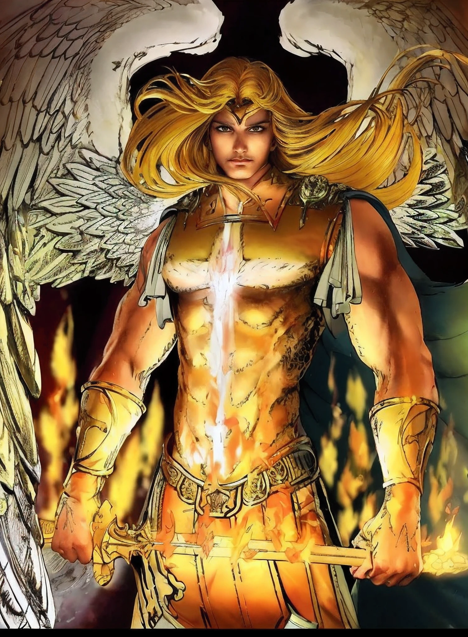 a close up of a person with a sword on fire, archangel michael, with fiery golden wings of flame, angelic golden armor, inspired by Rob Liefeld, biblical accurate angel